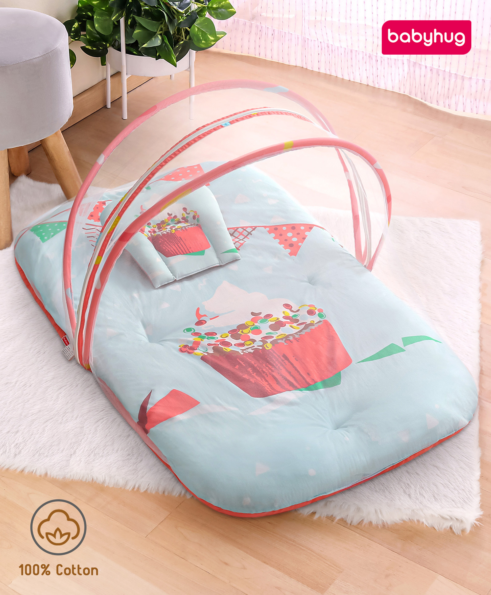 Babyhug 100% Cotton Digital Print Mattress Set with Mosquito Net Party Theme - Pink-image-28