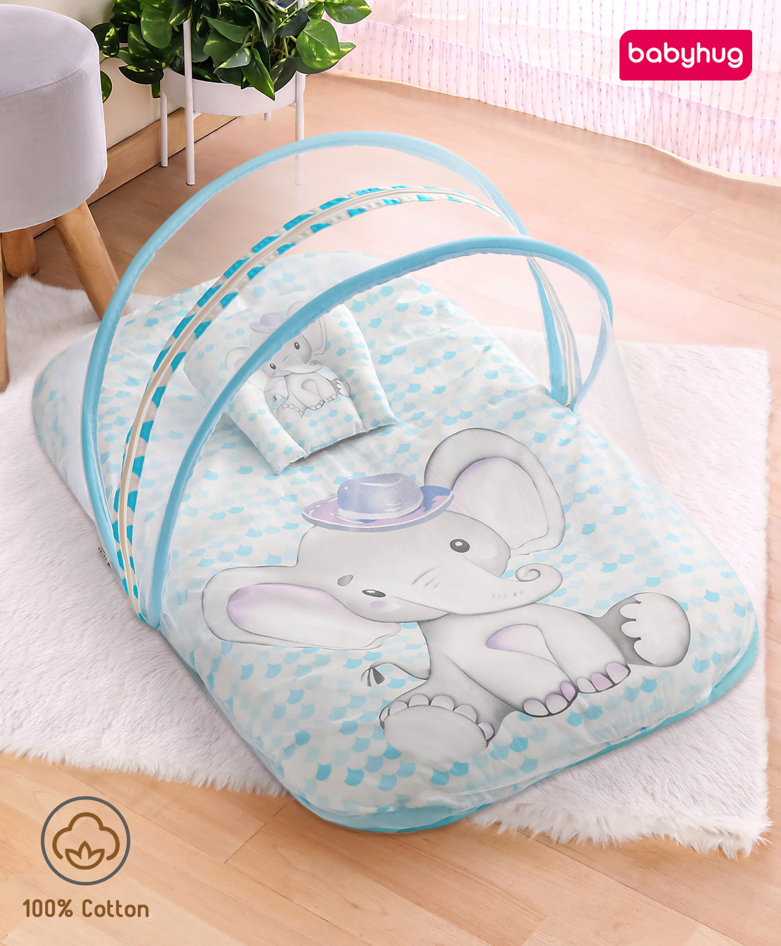 Babyhug 100% Cotton Digital Print Mattress Set with Mosquito Net Elephant Print - Blue