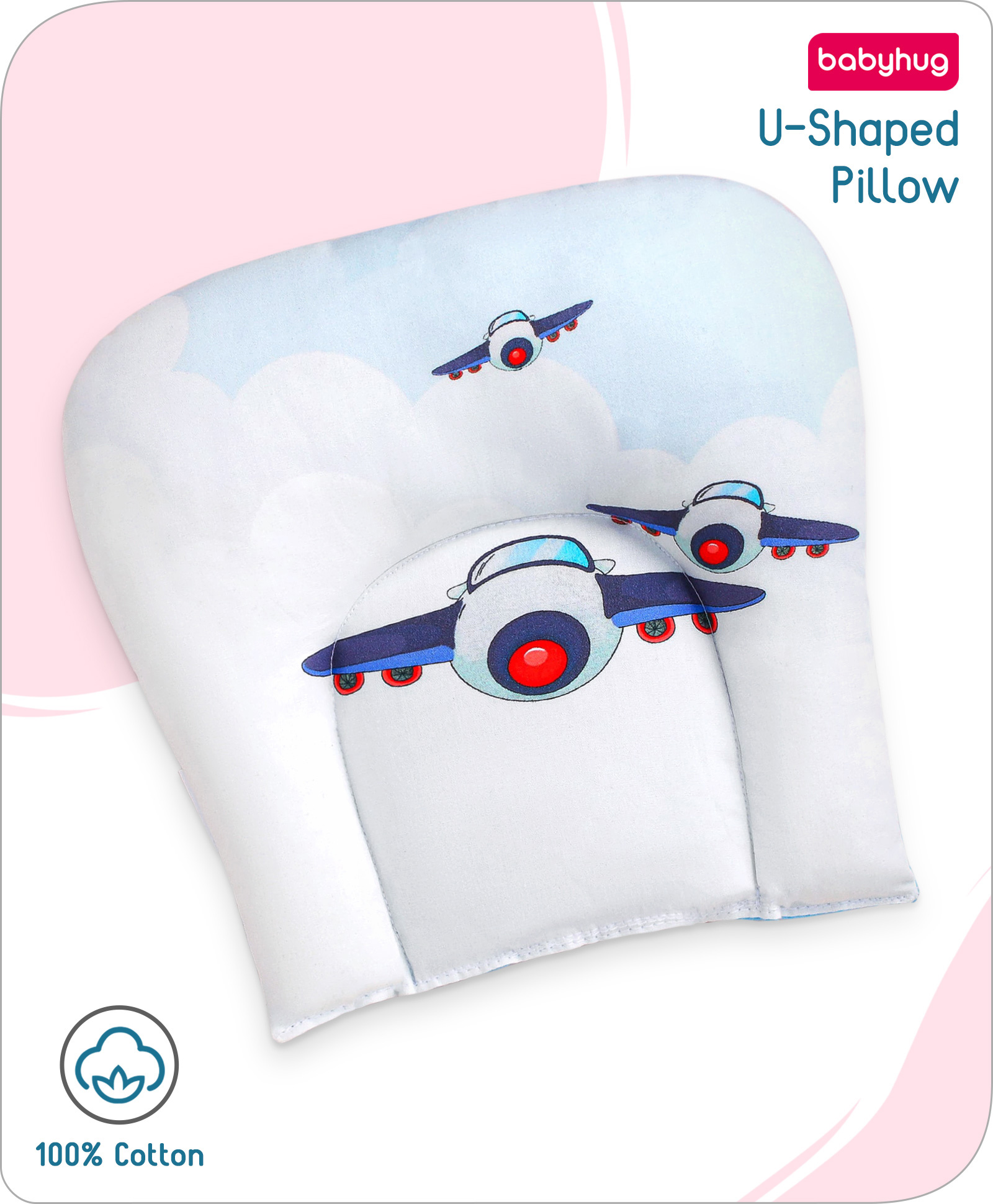 Babyhug 100% Cotton U Shape Pillow Digital Aeroplane Print - White-image-17