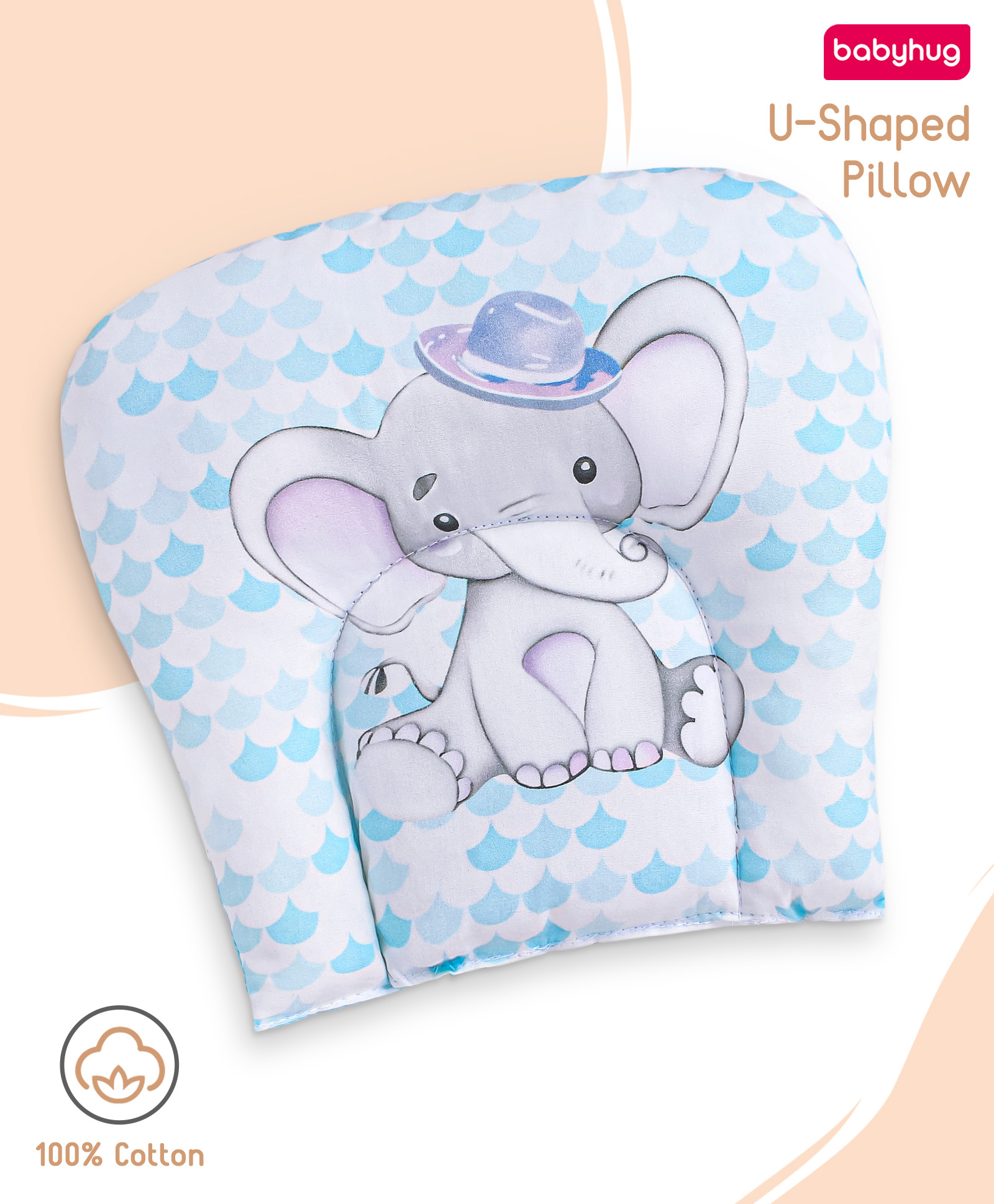 Babyhug 100% Cotton U Shape Pillow Digital Elephant Print- Light Blue-image-22