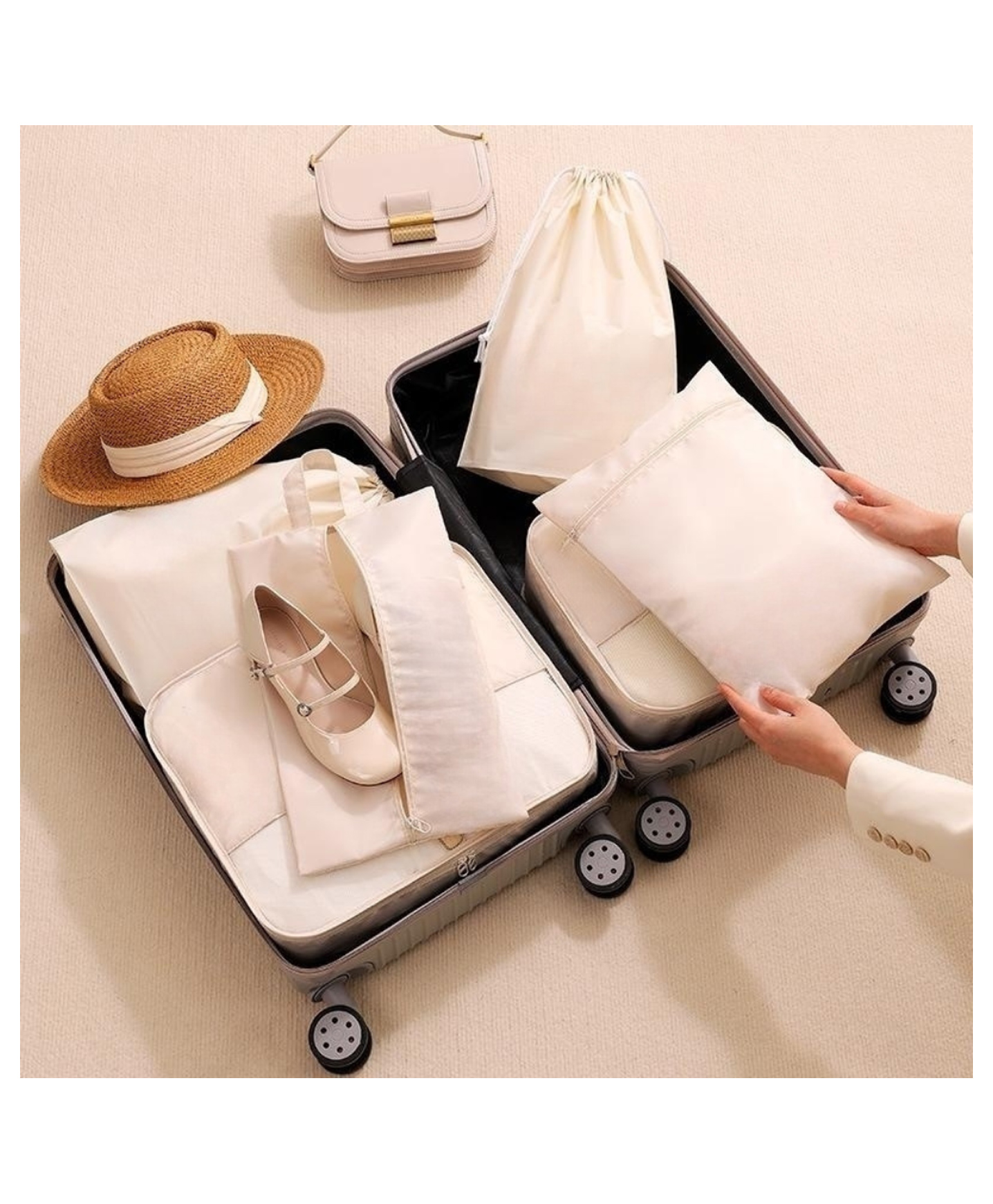 Uninest 6 Pcs Set Packing Cubes for Travel with Laundry Bag, Lightweight Luggage Organizers Bags for Clothes, Cosmetics, Underwear, Shoes for Men & Women (Cream)-image-7