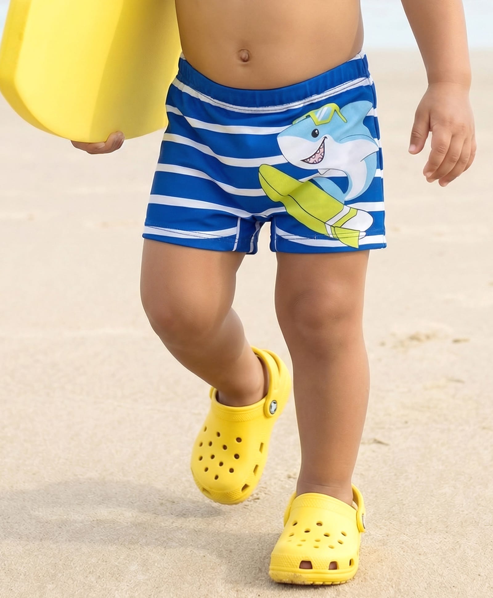 Babyhug Cotton Water Repellant Swimming Trunk With Stripes & Shark Print - Blue