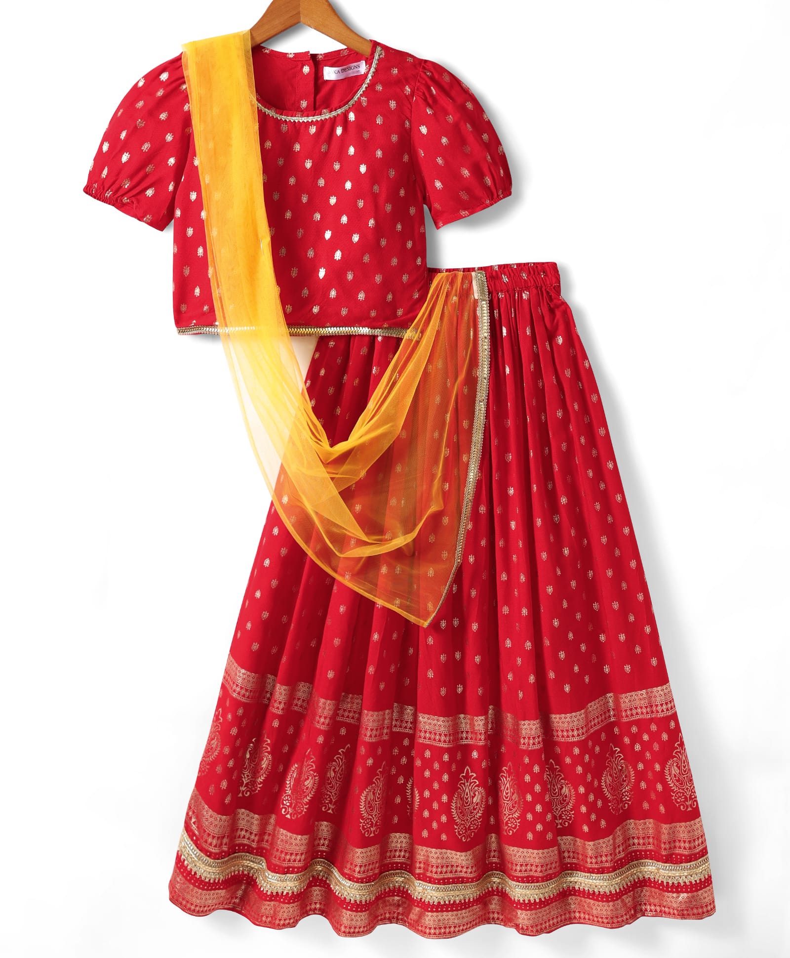 Saka Designs Rayon Woven Half Sleeves Choli Lehenga Set with Dupatta With Foil Print Design - Red & Gold-image-17