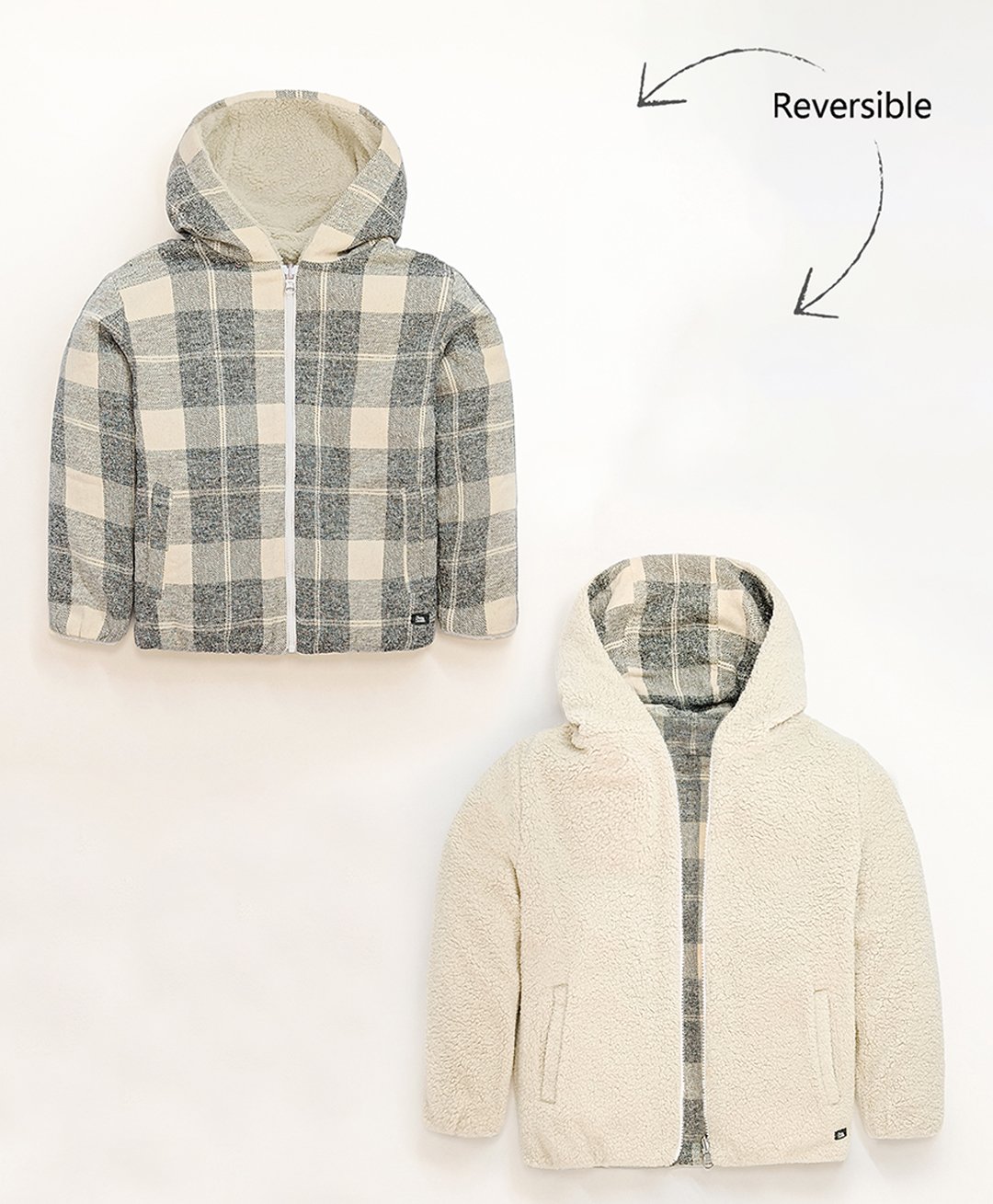 Cherry Crumble By Nitt Hyman Full Sleeves Fur Embellished & Checked Reversible Hooded Jacket - Multi Colour-picture-26