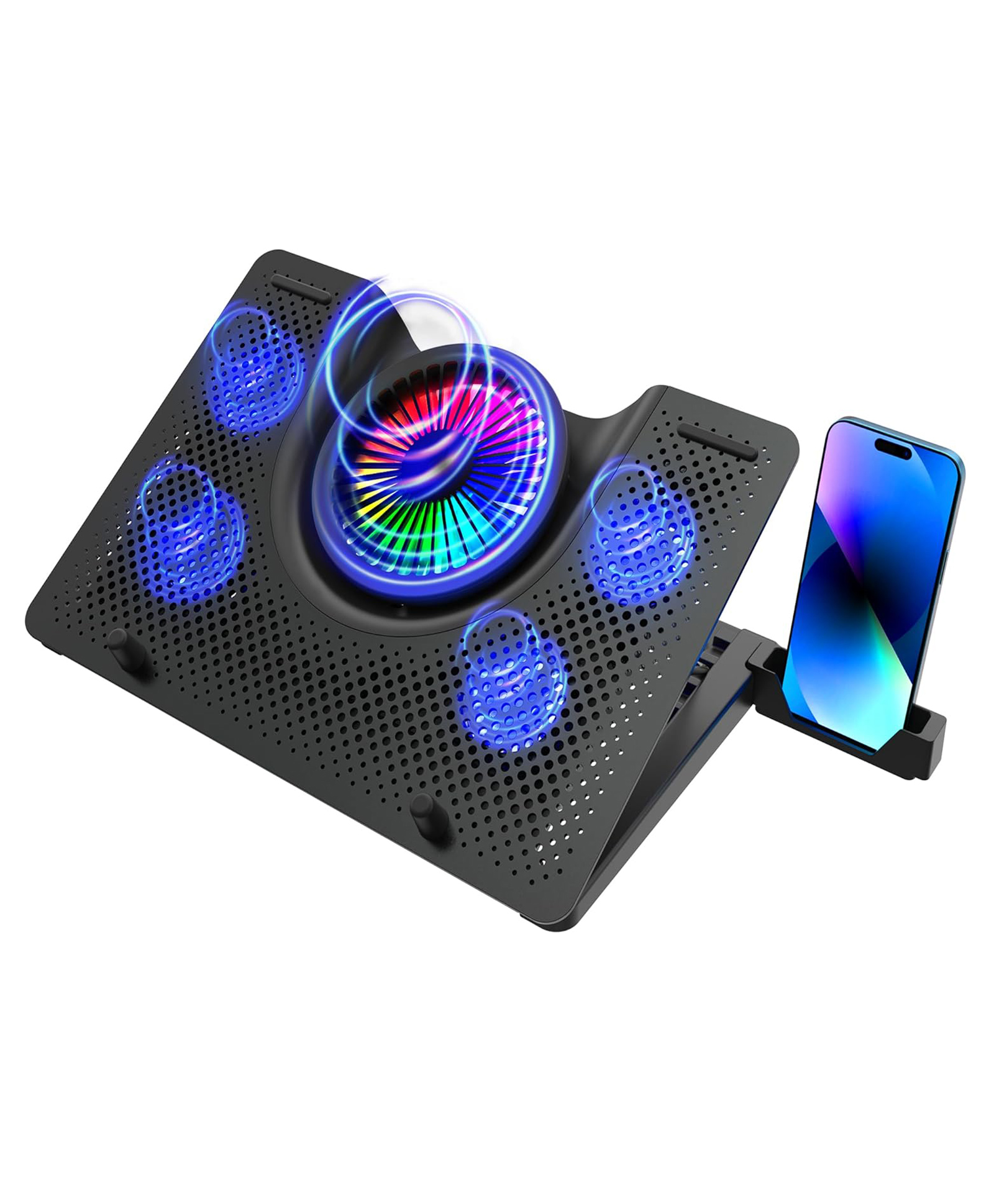 Archer Tech Lab Squall 100 RGB Gaming Laptop Cooling Pad Stand with Aluminum Metal Grid 5 Turbo Cooler Fans Powered by USB 5 Adjustable Angles 2 Way Adjustable Phone Holder (Supports up-to 17" Laptop)-image-5