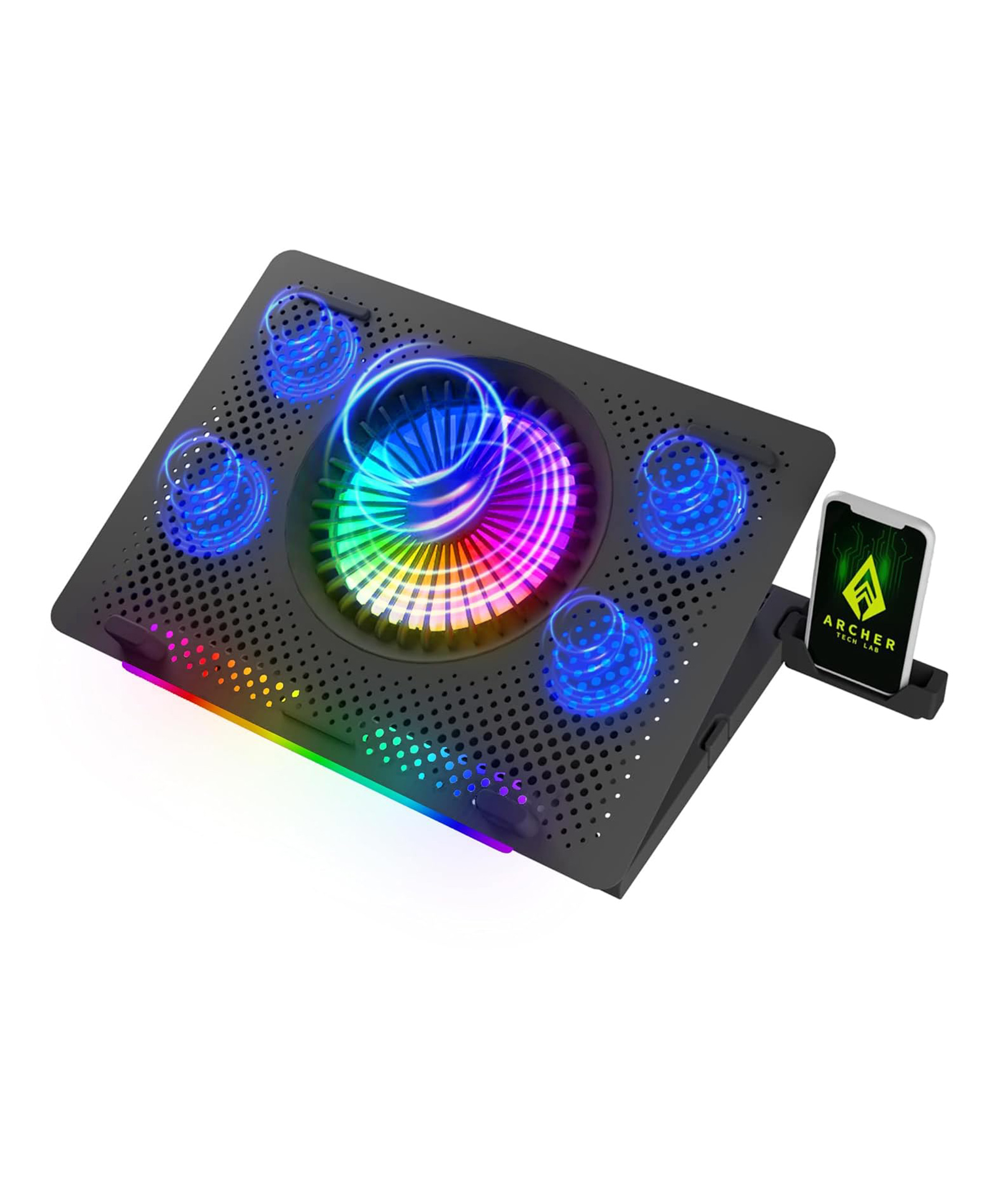 Archer Tech Lab, Squall 200 RGB Gaming Laptop Cooling Pad Stand with Aluminum Metal Grid, 5 Turbo Fans, Dual USB Ports, 5 Adjustable Angles, 4 Way Adjustable Phone Holder (Supports up-to 17" Laptop)-image-6