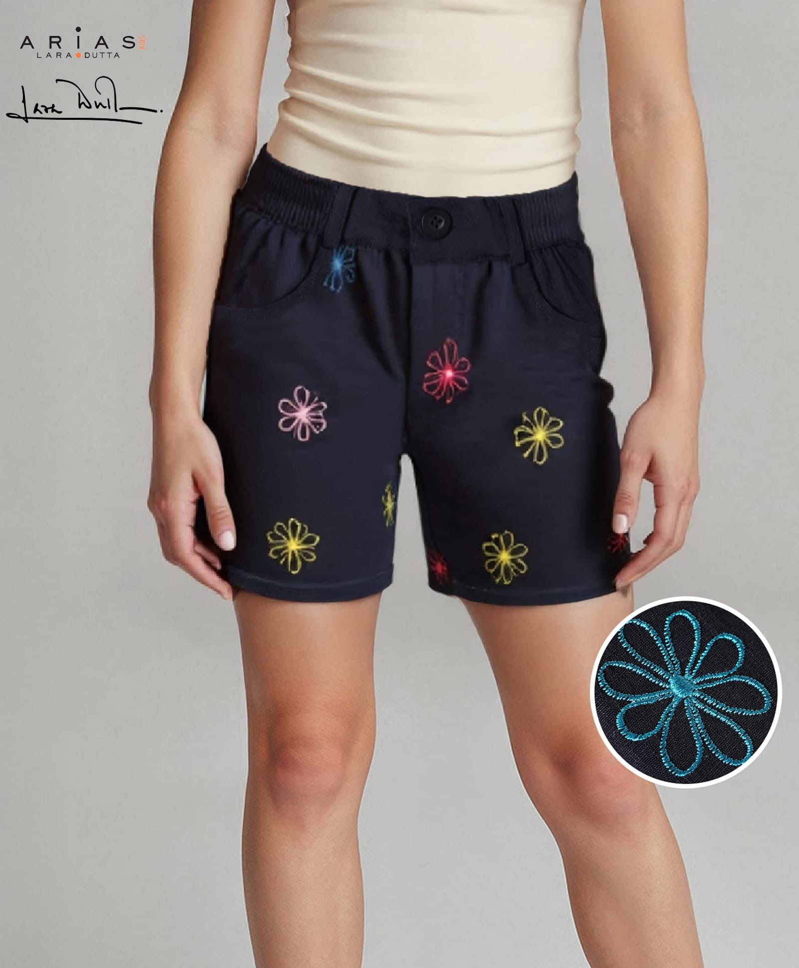 arias by lara dutta Arias Cotton Woven Stretch Shorts with Floral Embroidery at Front & Back Pockets - NavyBlue-picture-33