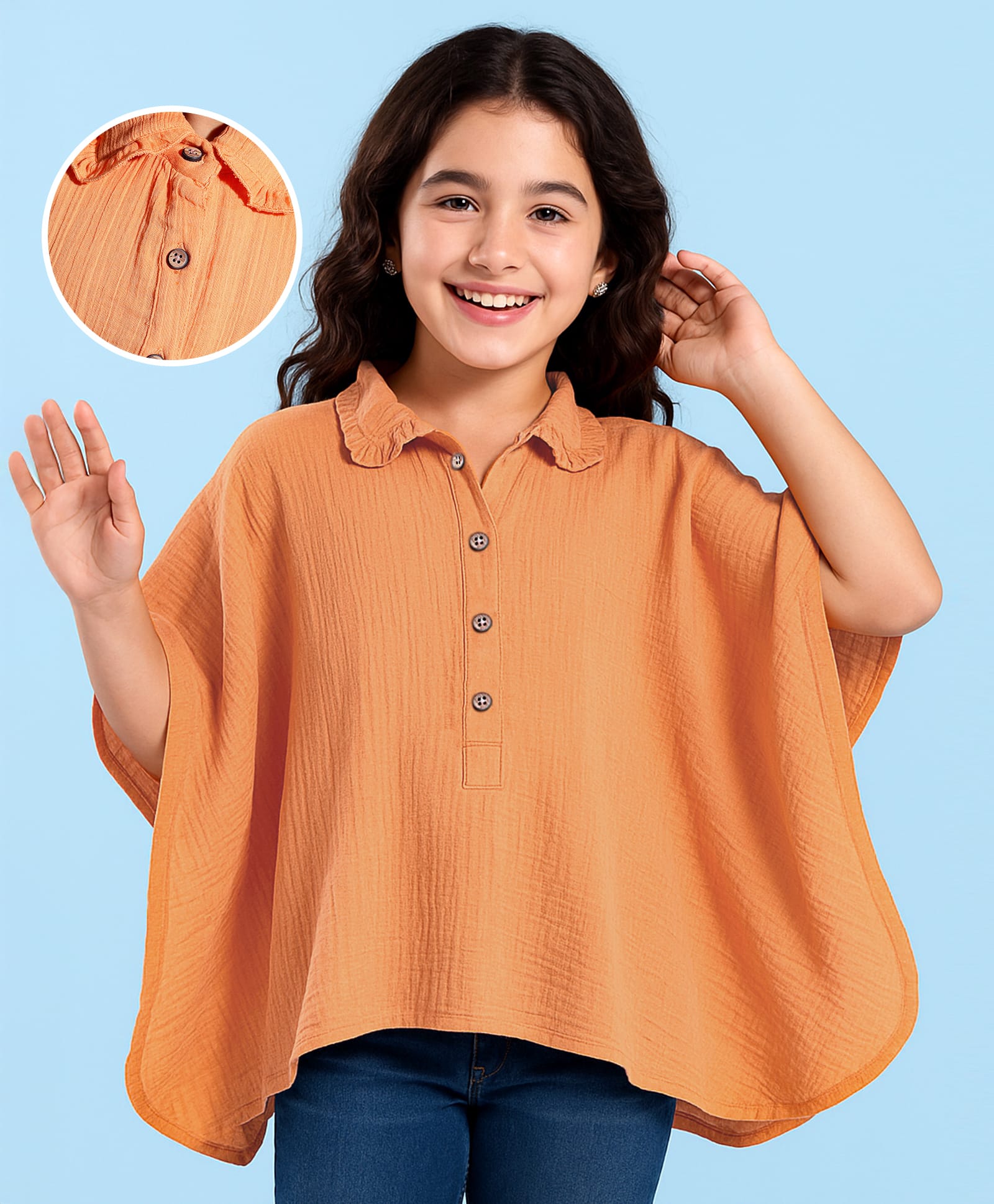 arias by lara dutta Arias Cotton Woven Half Sleeves Kaftan Style Solid Color Top with Frills Detailing at Collar - Orange-picture-33