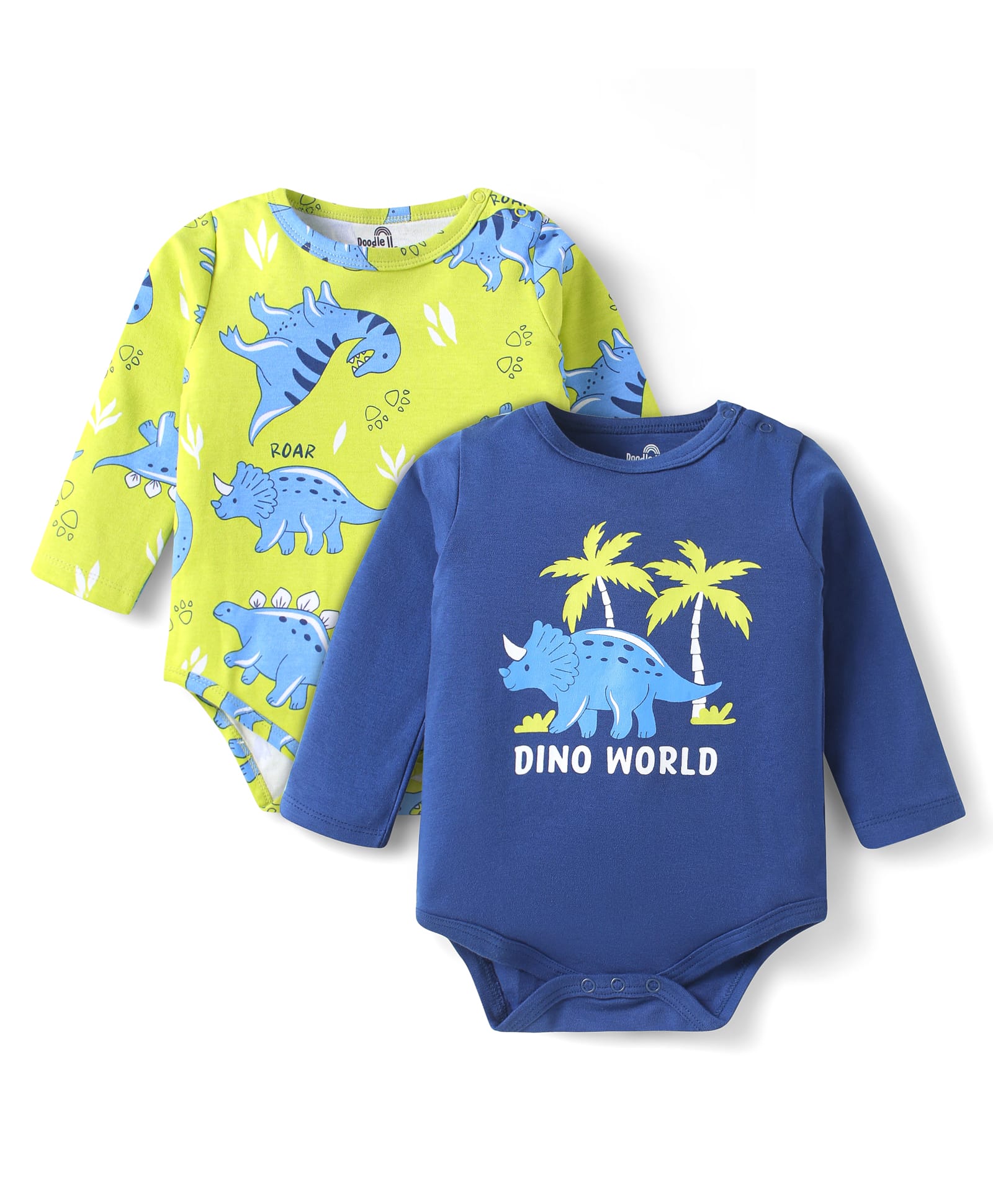 Doodle Poodle 100% Cotton Knit Full Sleeves Dino Printed Onesies Pack of 2 - Navy Blue & Lime Green-image-15