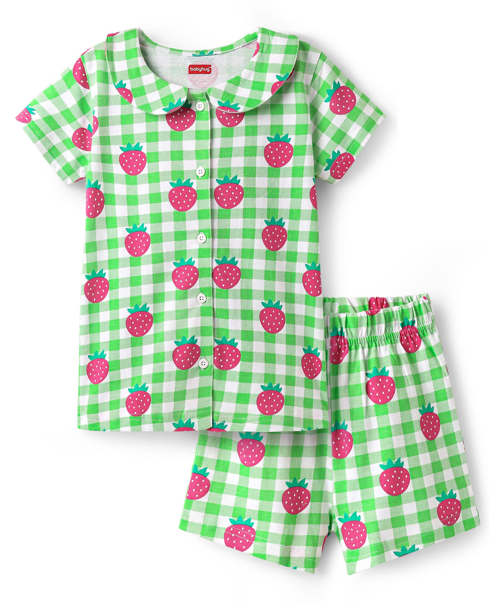 Babyhug Cotton Knit Half Sleeves Co-ords Peter Pan Collared Front Open Shorts Night Suit with Checks & Strawberry Print - Light Green-image-30