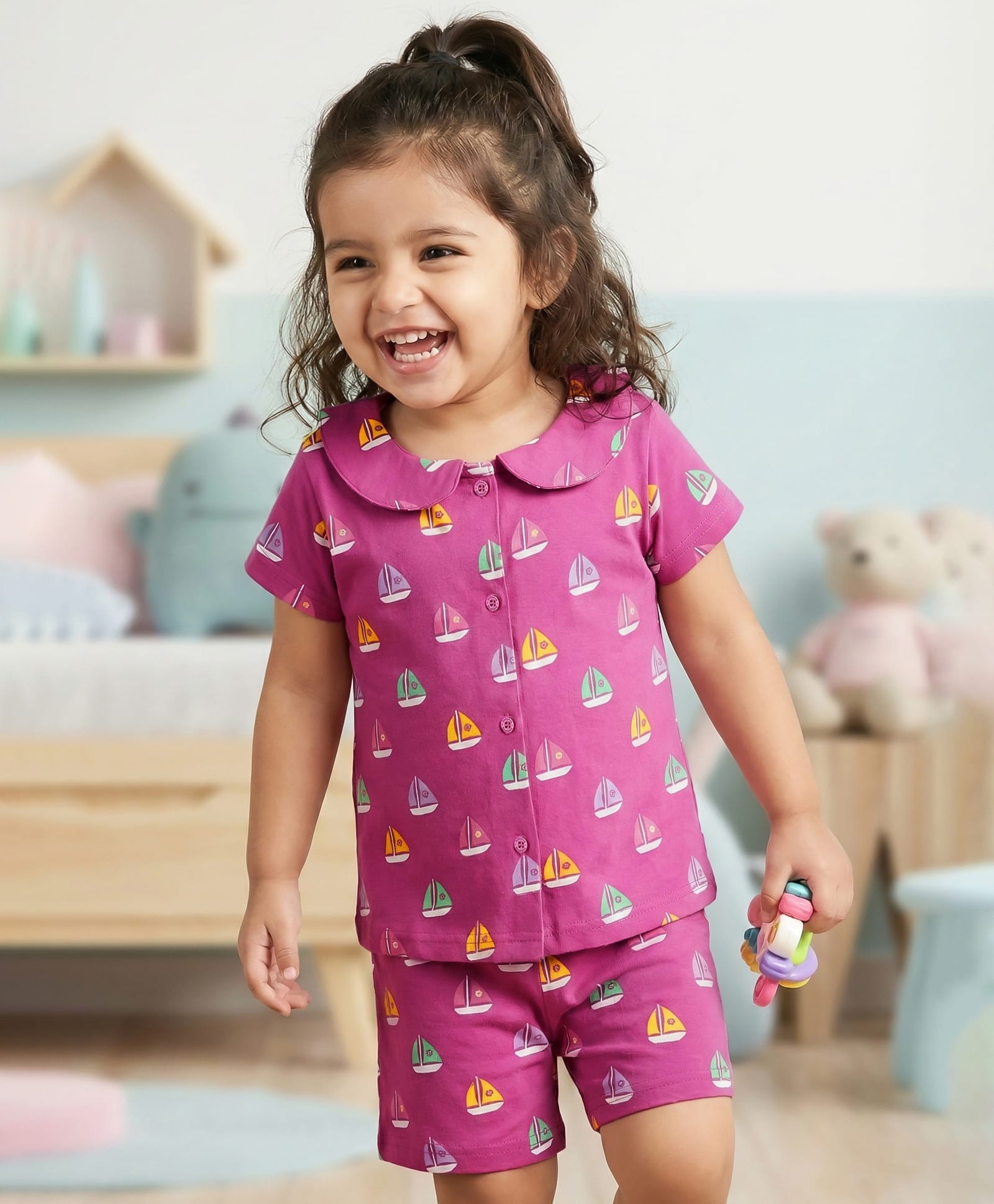 Babyhug Cotton Knit Half Sleeves Co-ords Shorts Night Suit with Ship Print - Pink