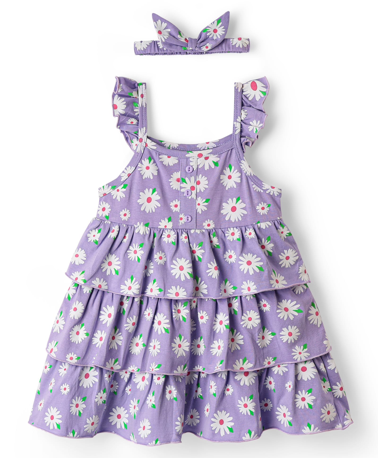 Babyhug Cotton Knit Sleeveless Frock With Floral Print & Headband - Lilac-picture-12