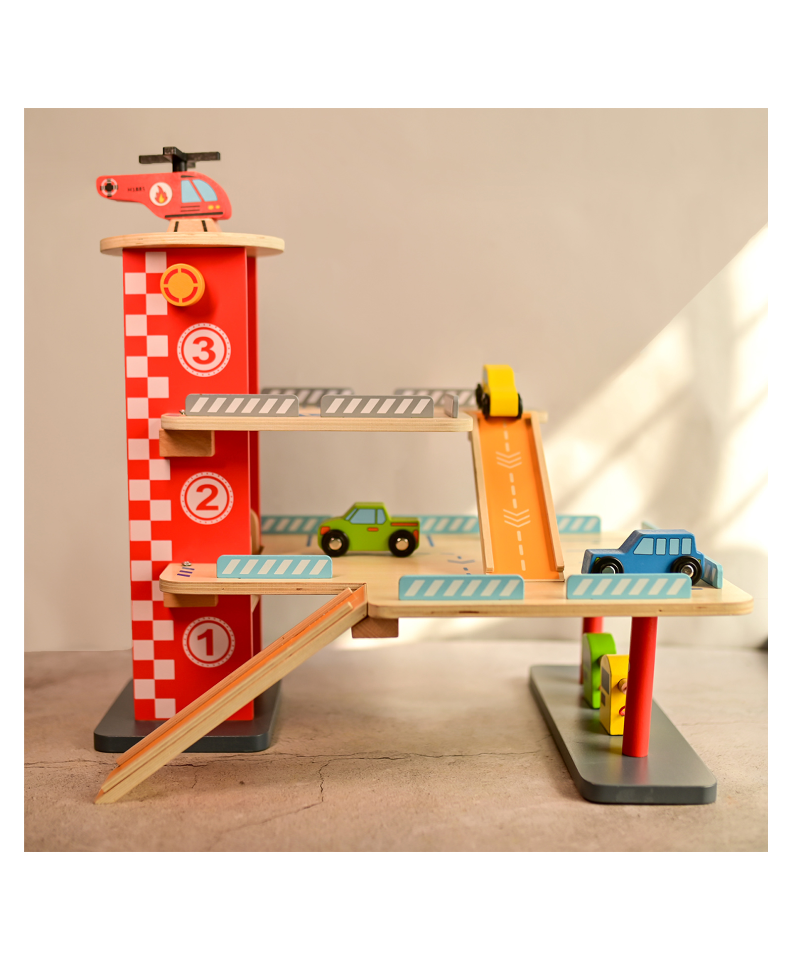 Playbox Drive in-Multilevel Activity Center with Helicopter Pad, Moving Elevator & Rapid Descent Ramps Pretend Play Toy Develops Motor Skills & CreativityAge 1+ Years-picture-26