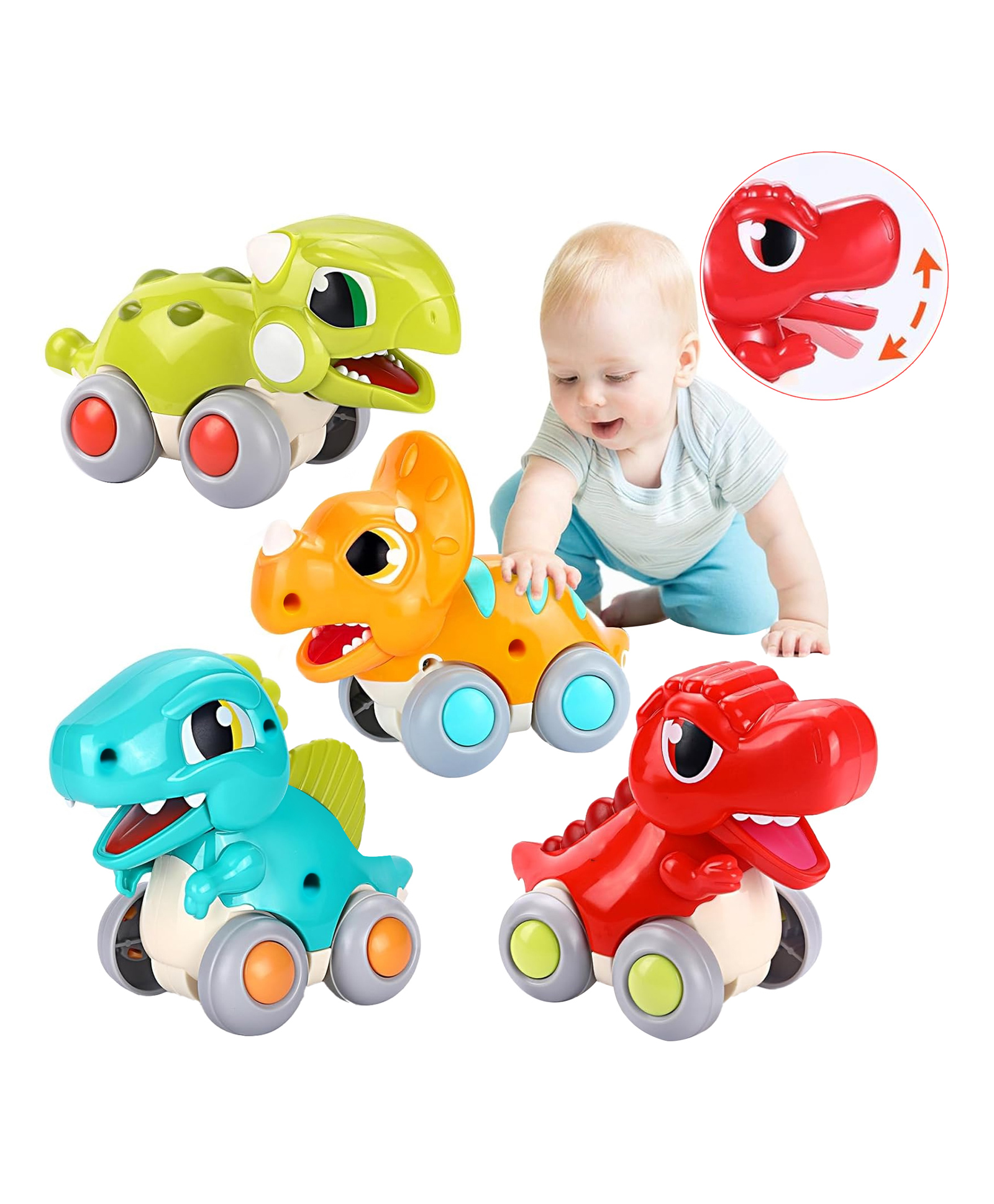 Kidology Friction-Powered Dinosaur Cars Set of 4 with Whistle Music, Press & Go Mini Vehicles, Montessori Toy for Toddlers, Multicolor-image-12