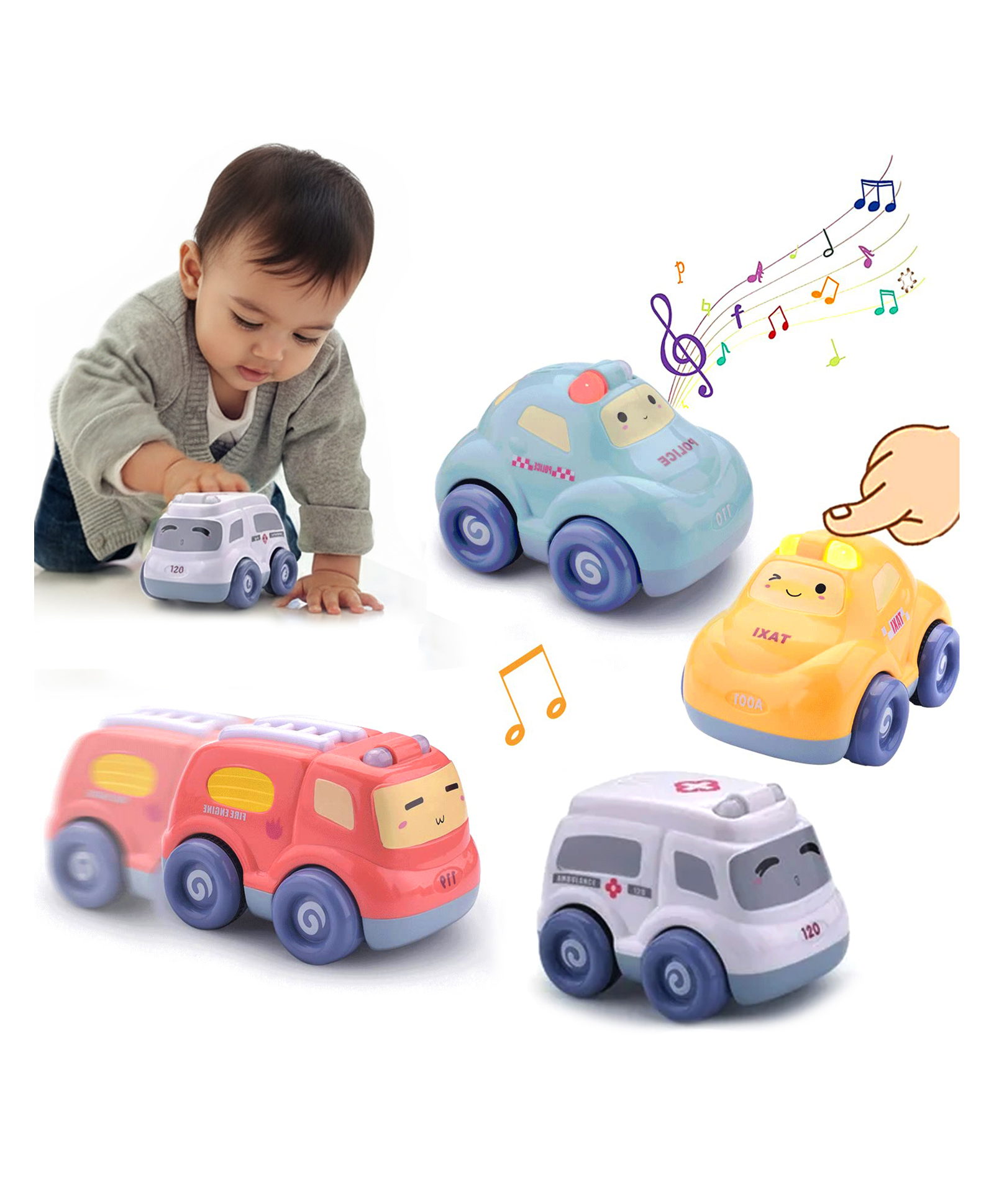 Kidology Pull-Back Toy Cars for Toddlers, 4-Pack with Light & Sound, Includes Baby Play MatPerfect Boys & Girls-image-14