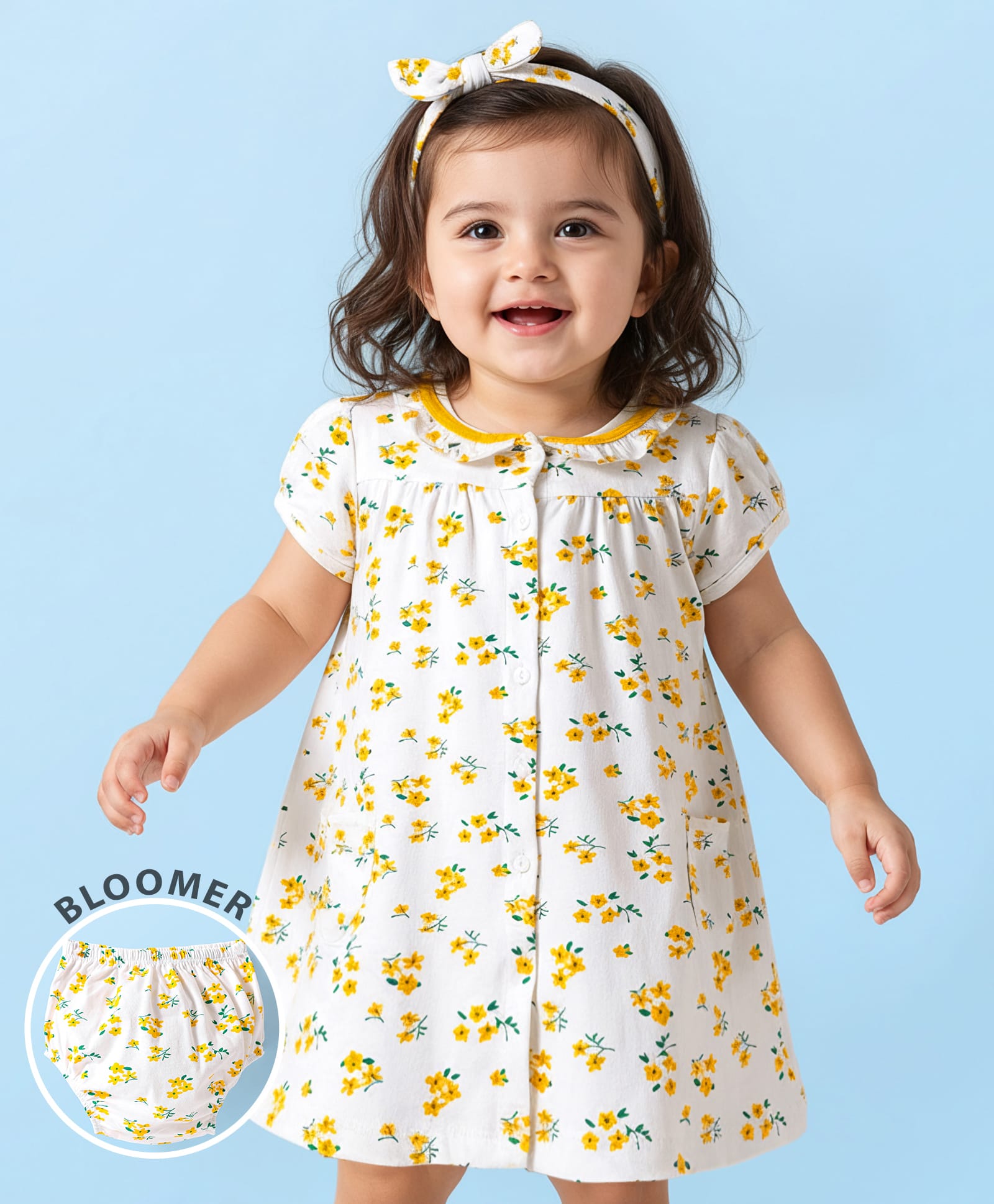 Babyhug Cotton Woven Peter Pan Collar Puffed Half Sleeves Frock Bloomer & Headband With Floral Print - White-picture-10