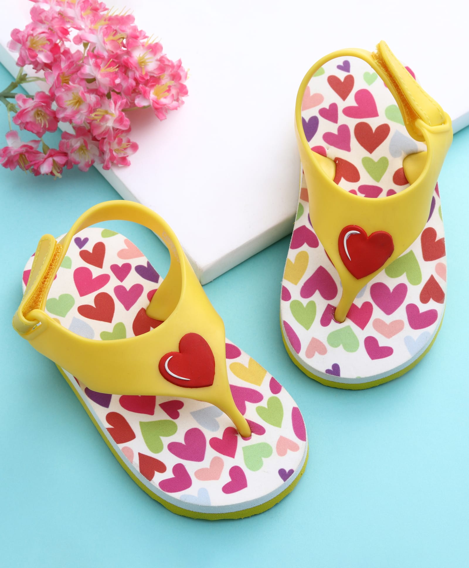 Babyoye Velcro Closure Flip Flops With Hearts Print & Applique - Yellow-picture-0