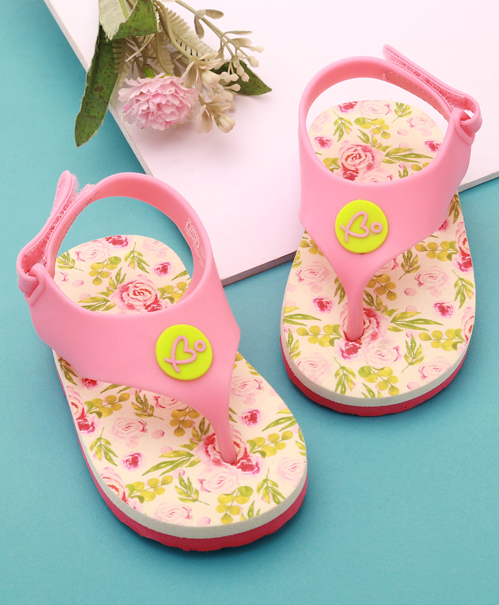 Babyoye Velcro Closure Flip Flops With Floral Print - Pink