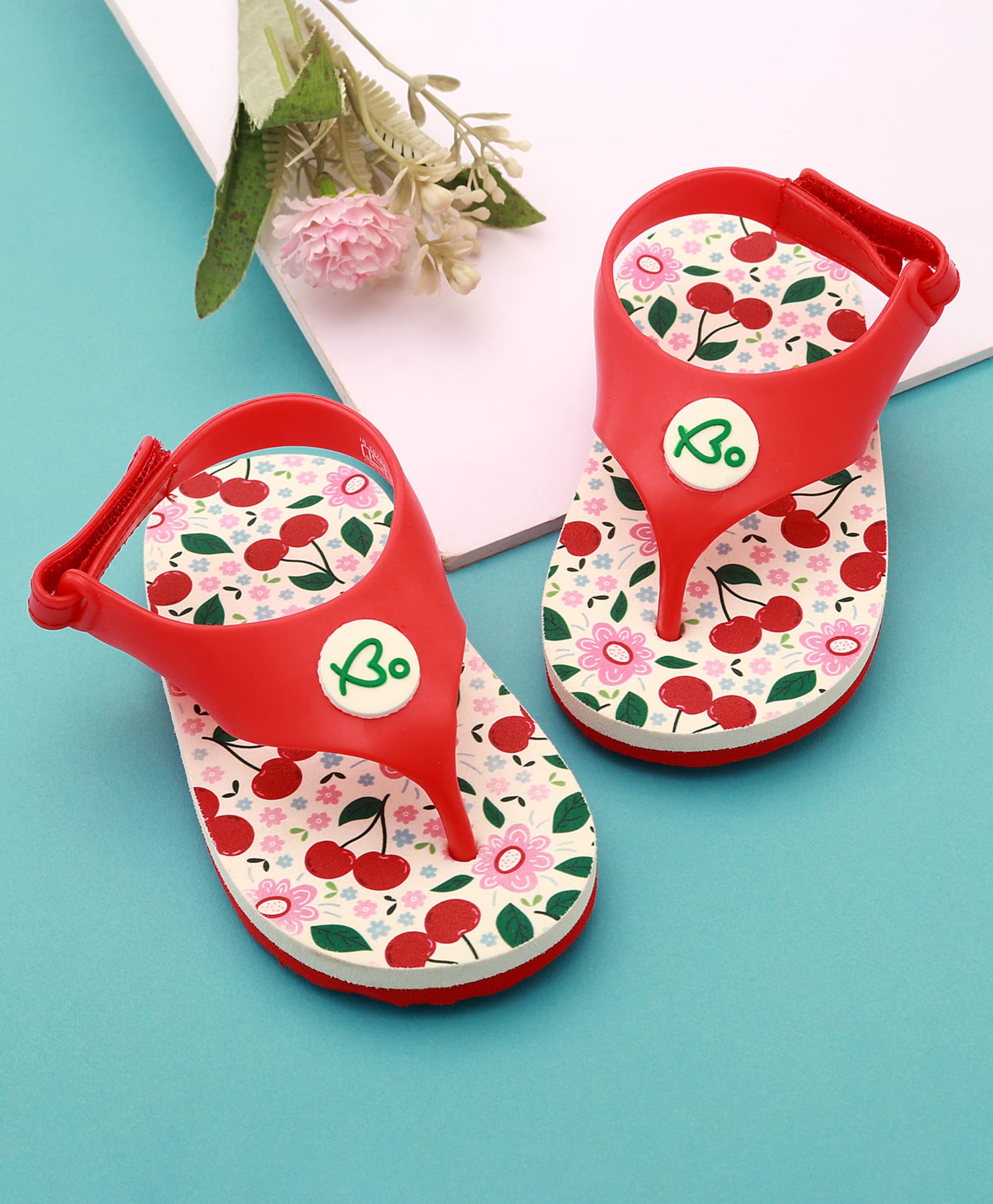 Babyoye Velcro Closure Flip Flops With Tropical Theme Print - Red-picture-20