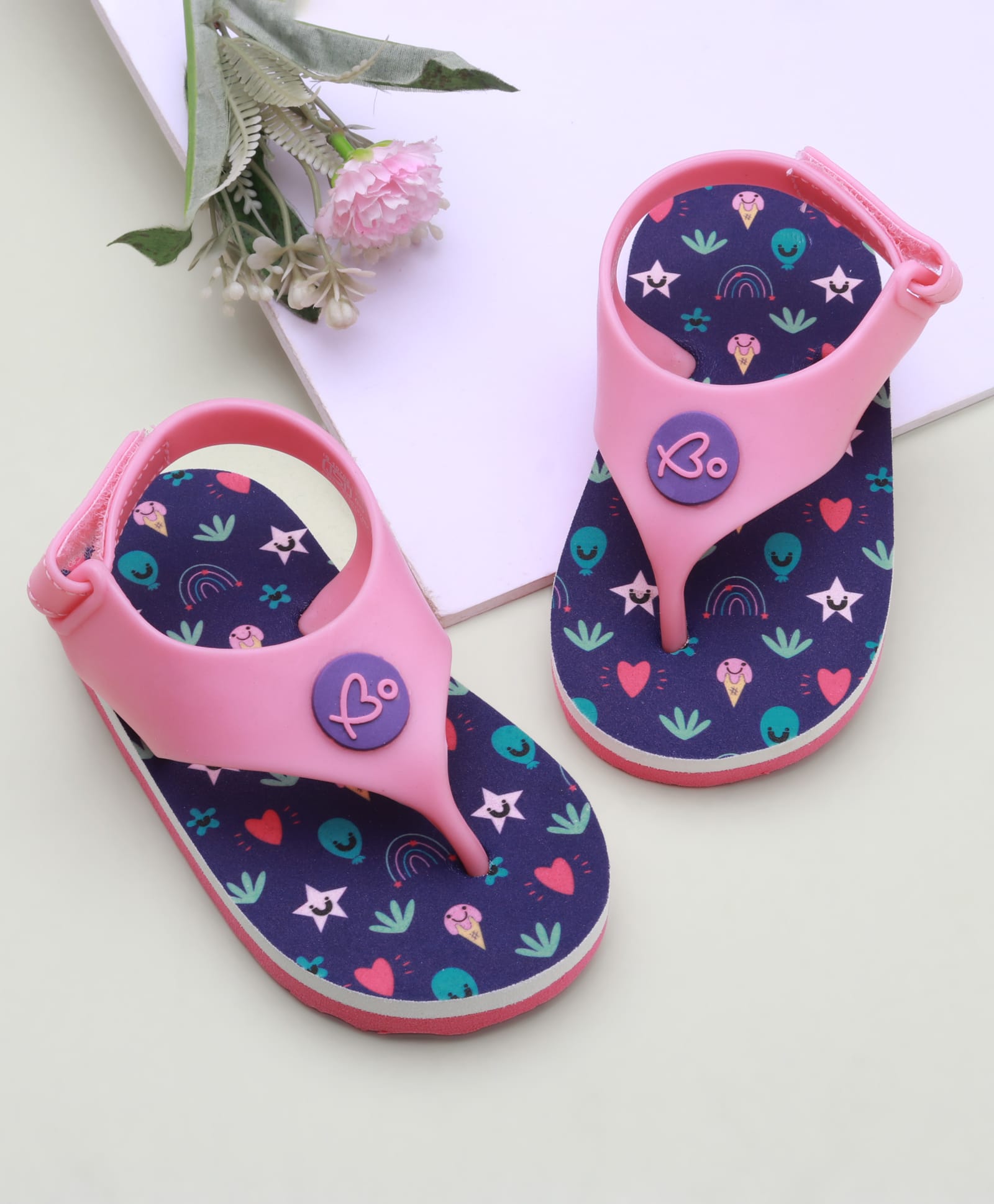Babyoye Velcro Closure Flip Flops With Hearts & Stars Print - Pink & Navy Blue