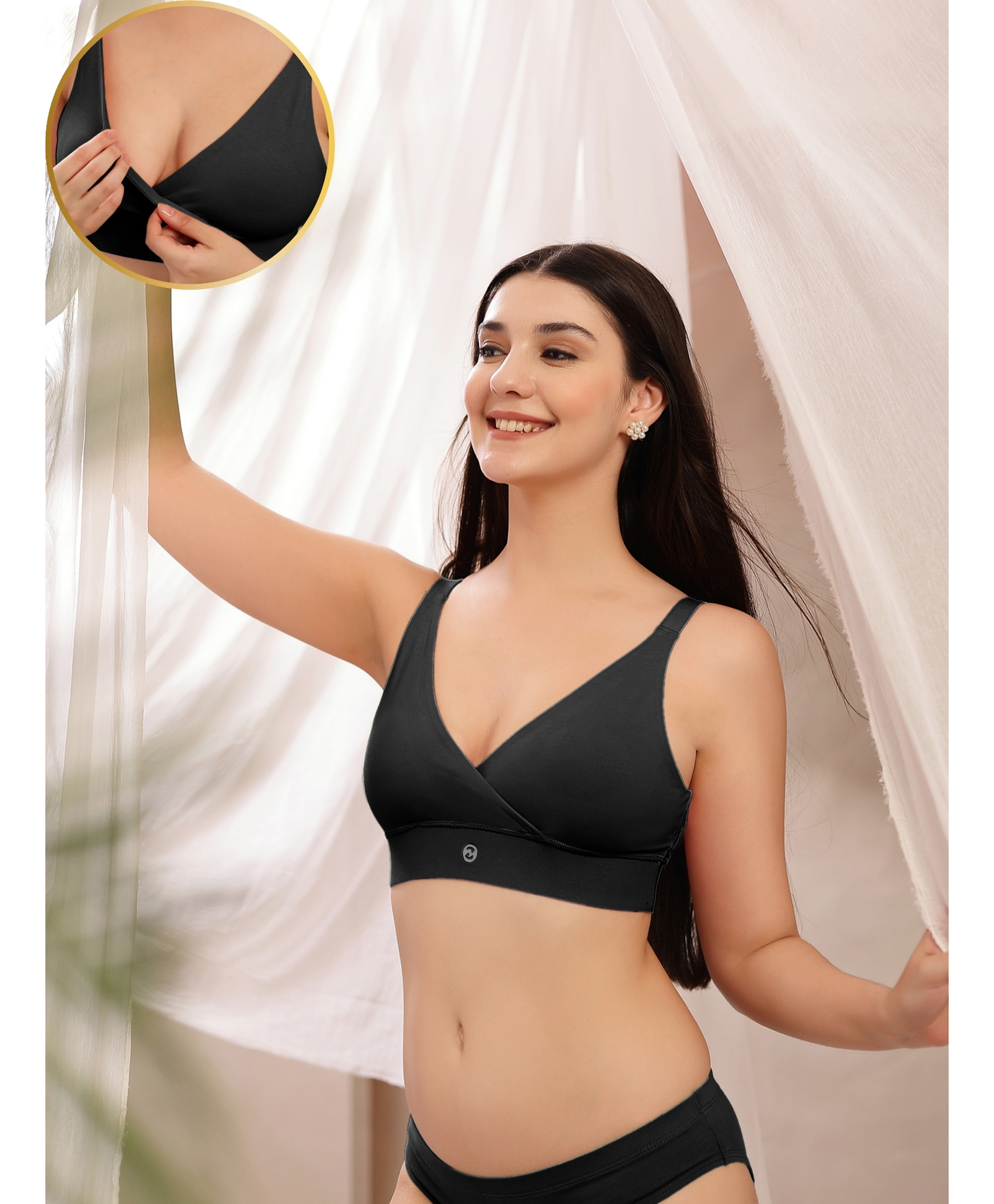 Zelena 90% Cotton 10% Elastane Non-Wired Maternity Nursing Bra With Adjuster - Black-picture-19