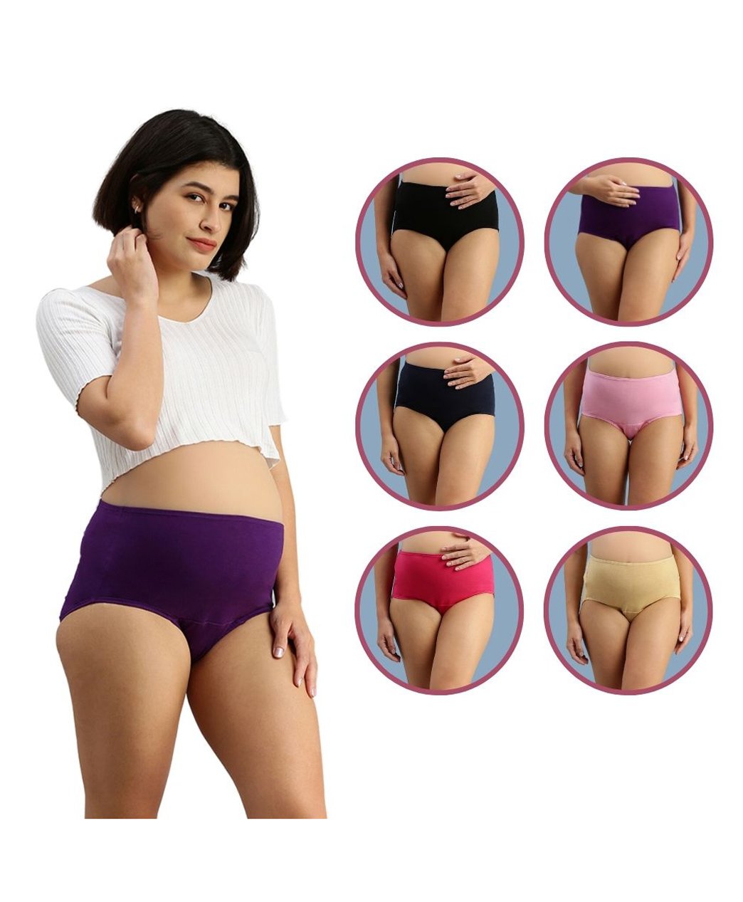 Morph Cotton Spandex Pack Of 6 Solid Maternity Hygiene Panties - Black Navy Blue Dark Pink Magenta Light Pink & Skin-image-24