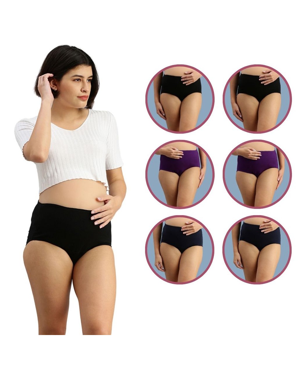 Morph Cotton Spandex Pack Of 6 Solid Maternity Hygiene Panties - Black Magenta & Navy Blue-picture-30