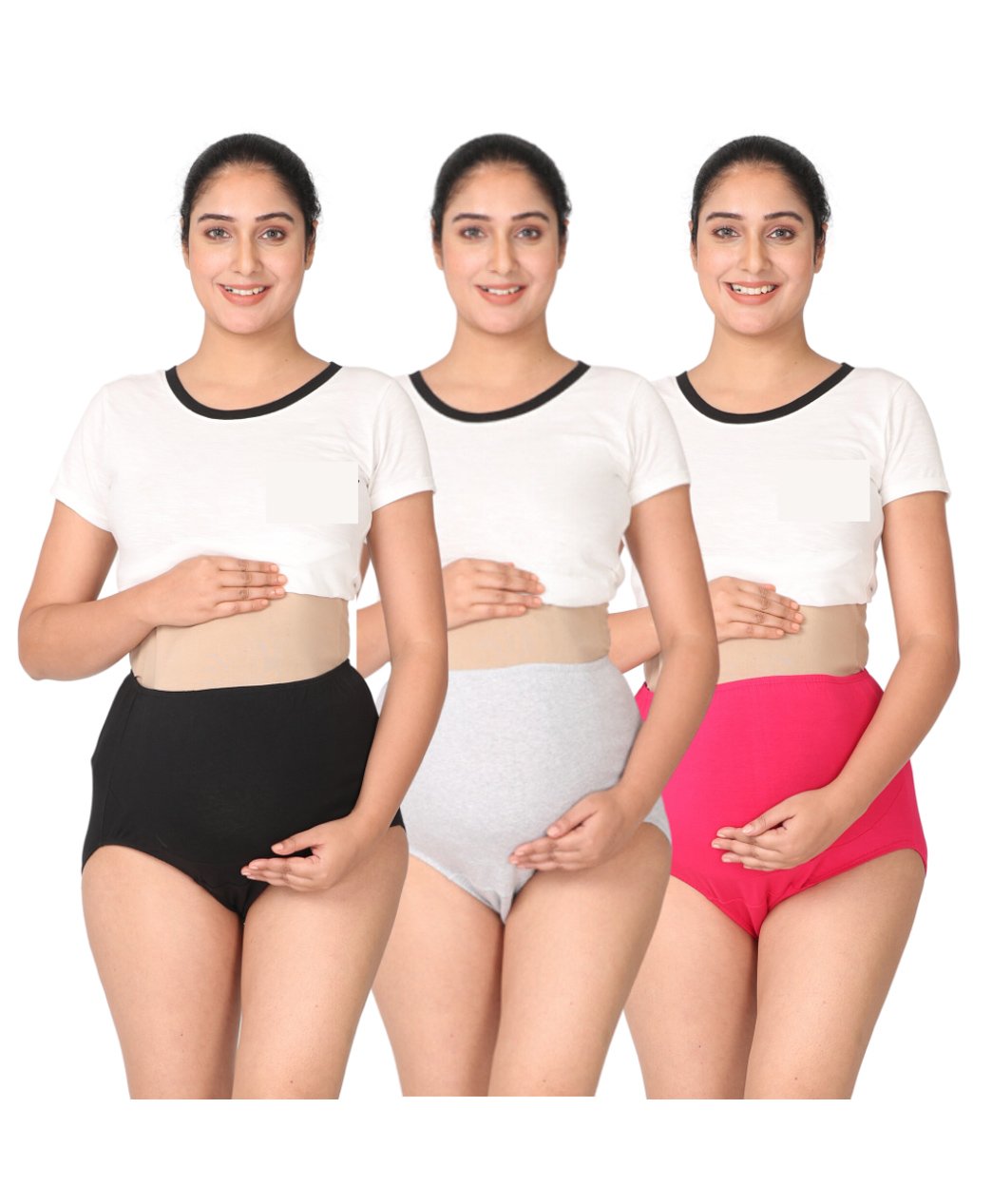 Morph Cotton Spandex Pack Of 3 Solid High Waist Maternity Belly Panel Panties - Black Grey & Dark Pink-image-18