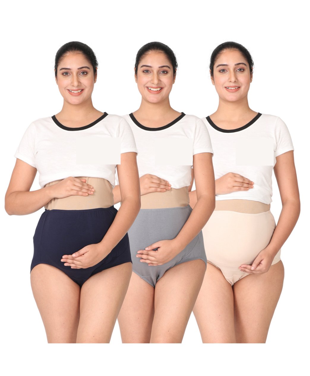 Morph Cotton Spandex Pack Of 3 Solid High Waist Maternity Belly Panel Panties - Navy Blue Steel Grey & Skin-picture-16