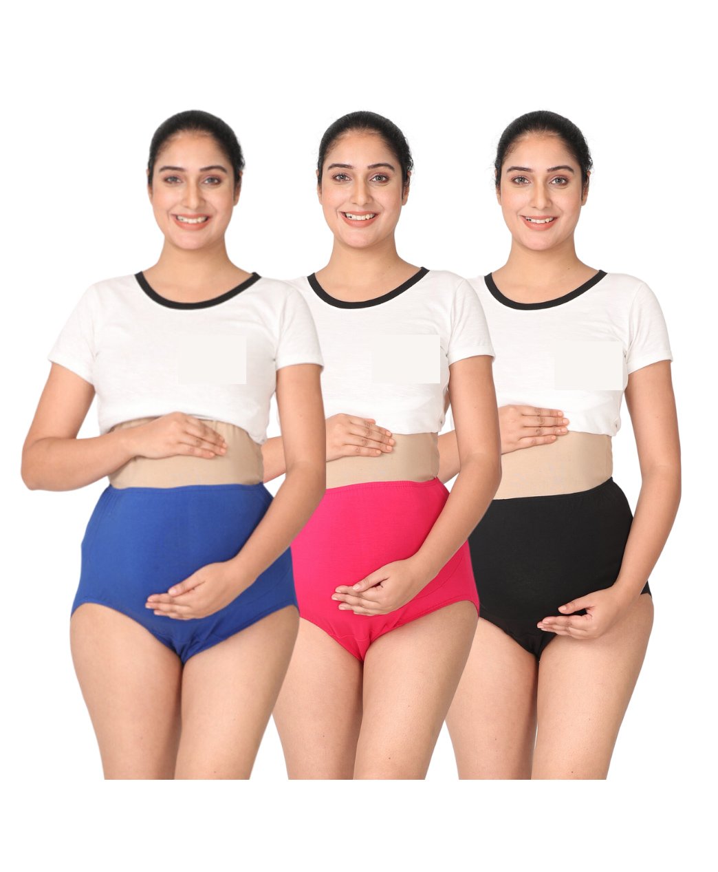 Morph Cotton Spandex Pack Of 3 Solid High Waist Maternity Belly Panel Panties - Royal Blue Dark Pink & Black-picture-24