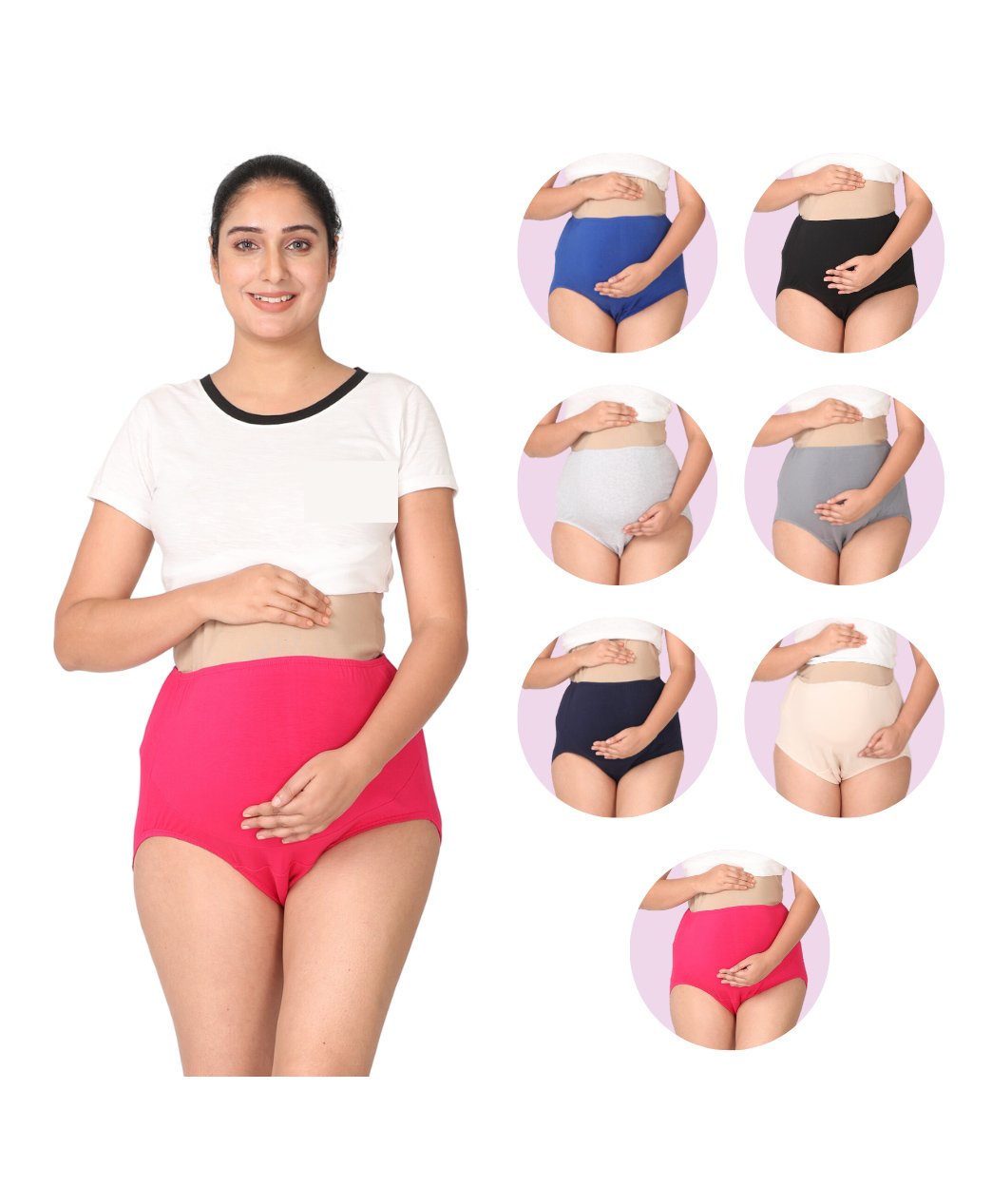 Morph Cotton Spandex Pack Of 7 Solid High Waist Maternity Belly Panel Panty - Royal Blue Dark Pink Black Grey Steel Grey Navy Blue & Skin-image-22