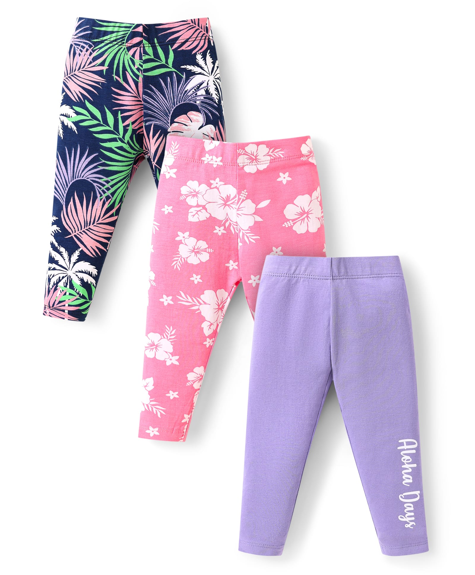 Babyhug Cotton Lycra Knit Full Length Leggings With Floral & Leaves Print Pack Of 3 - Pink Purple & Navy Blue-picture-22