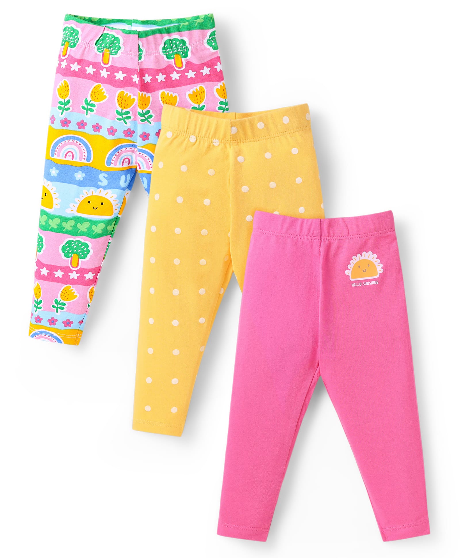 Babyhug Cotton Lycra Knit Full Length Leggings with Polka Dots & Sun Print Pack of 3 - Yellow & Pink-picture-24
