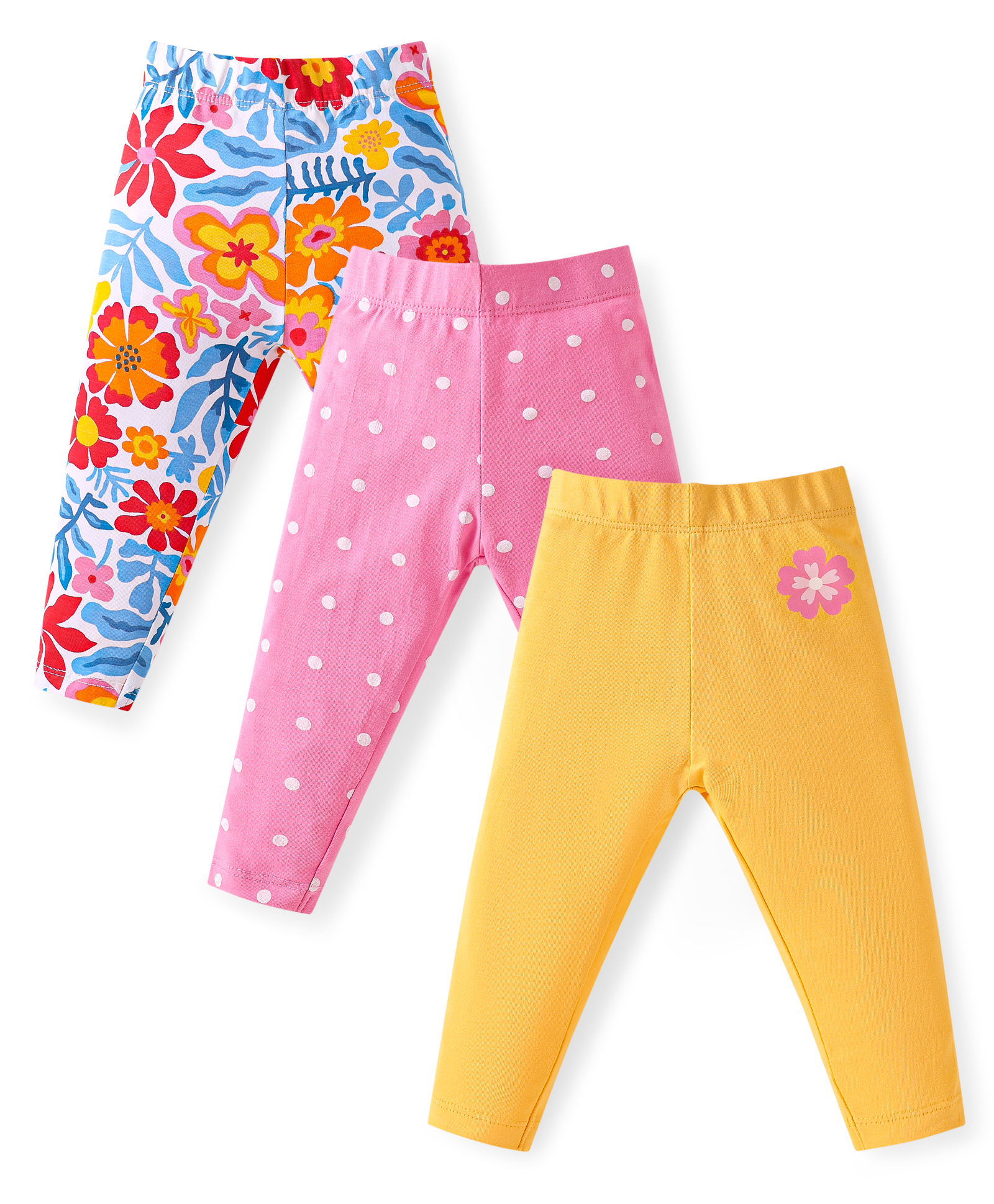Babyhug Cotton Lycra Full Length Skinny Fit Leggings with Stretch Floral & Polka Dot Print Pack of 3 - Mustard Pink & White-image-42