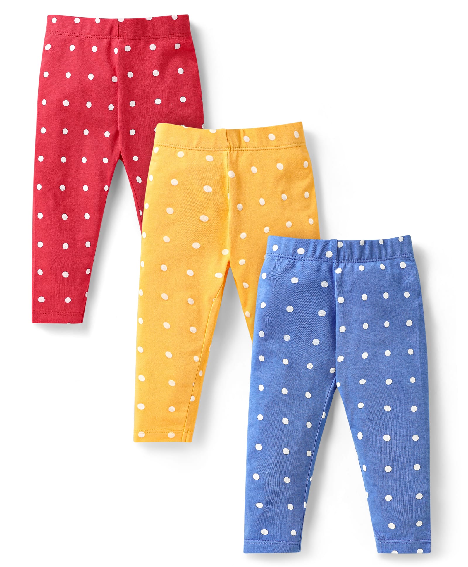 Babyhug Cotton Lycra Full Length Leggings With Polka Dots Print Pack Of 3 - Blue Red & Yellow-image-38