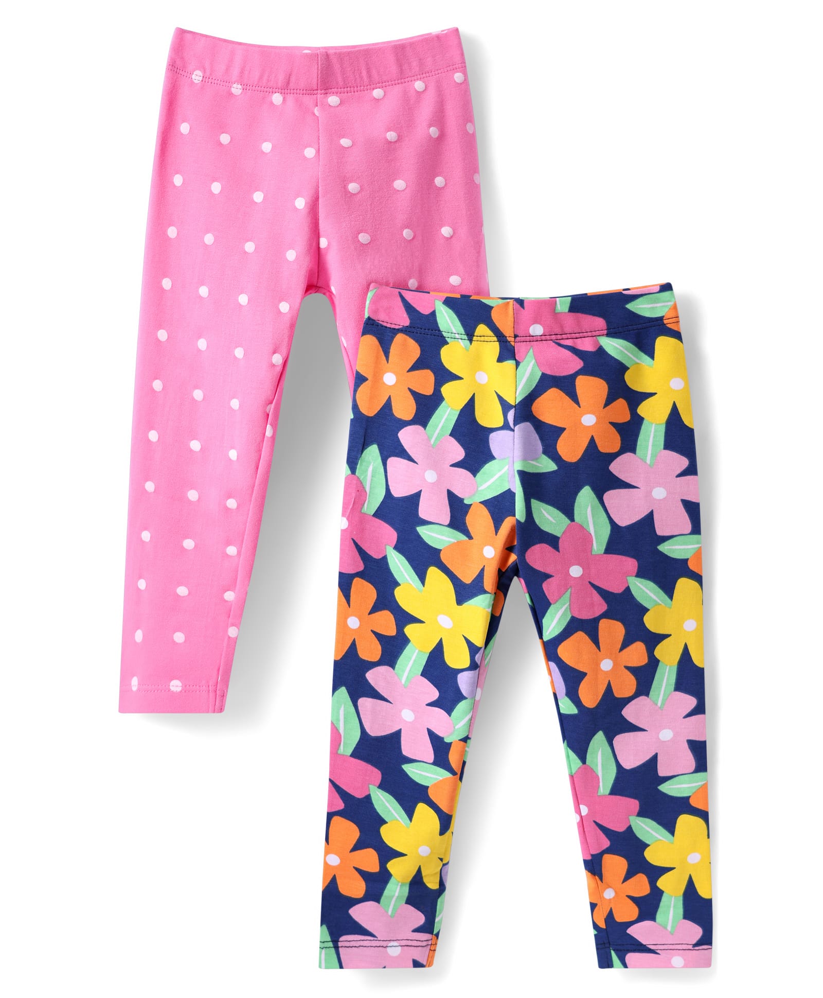 Babyhug Cotton Lycra Full Length Skinny Fit Leggings with Stretch Floral & Polka Dot Print Pack of 2 - Pink & Navy-image-14