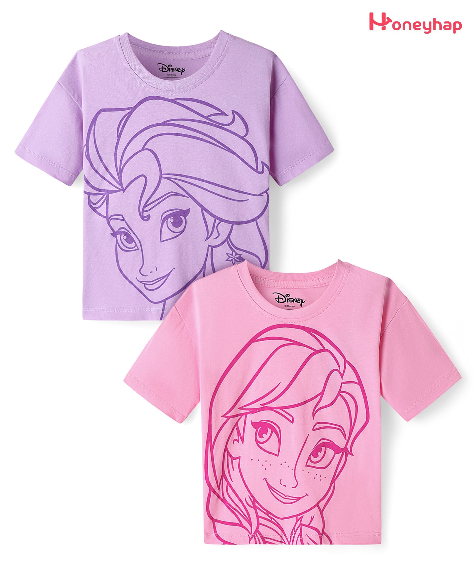 HoneyHap Disney Cotton Knit Half Sleeves Oversized T-Shirts with Disney Princess Graphics Pack of 2 - Pink & Purple-image-13