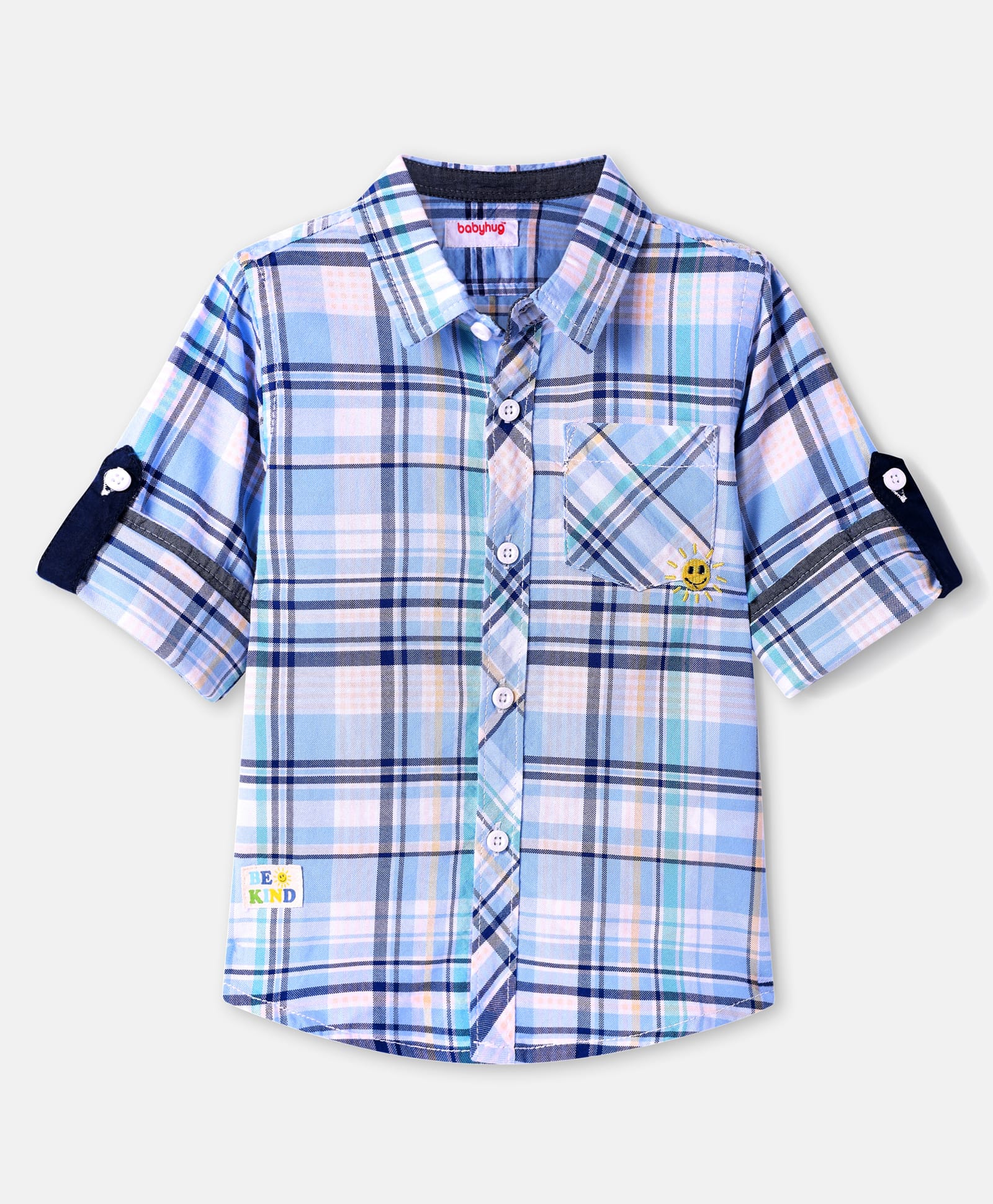 Babyhug Cotton Woven Full Sleeves Checkered Shirt with Sun Embroidery - Light Blue-picture-20