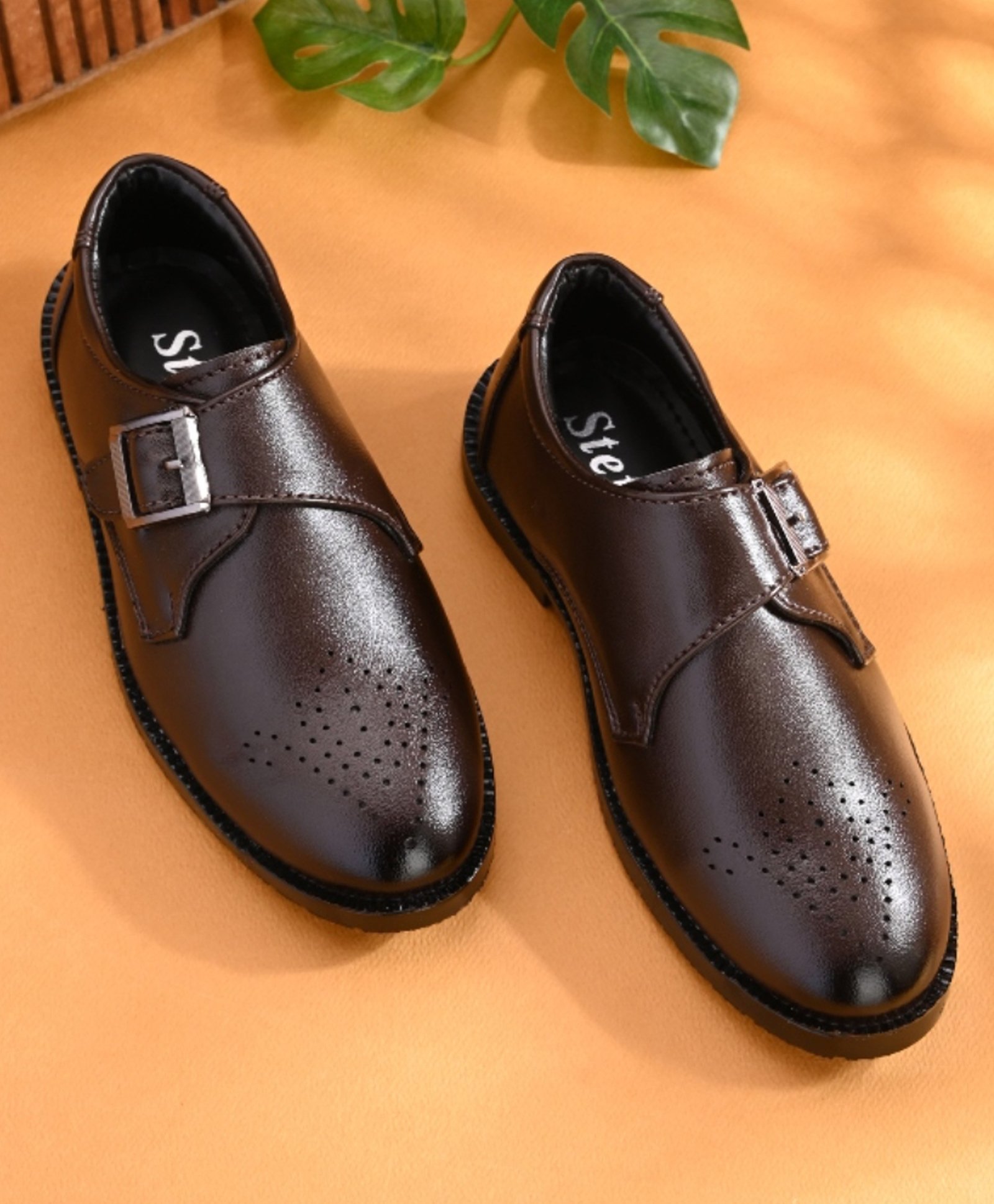 Stefens Solid Monk Shoes With Buckle Closure - Brown-image-2