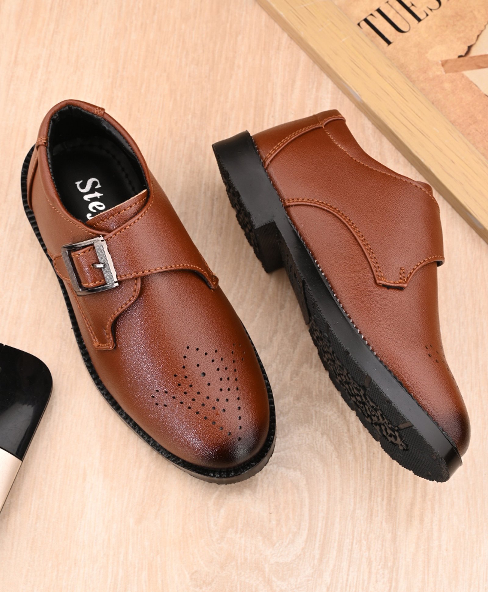 Stefens Solid Monk Shoes With Buckle Closure - Tan-image-2