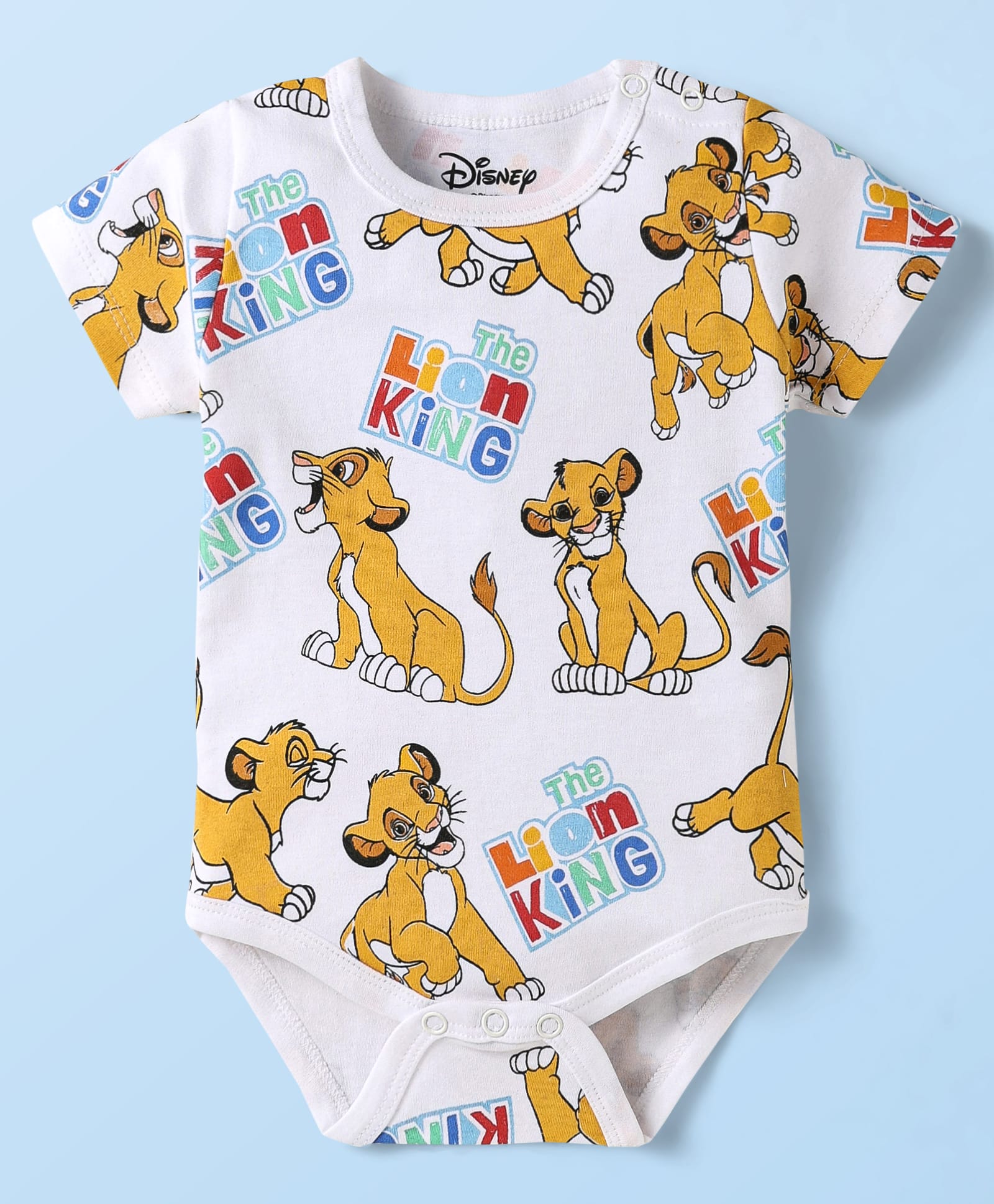 Babyhug Disney Cotton Knit Half Sleeves Onesies With The Lion King Print - White-picture-27