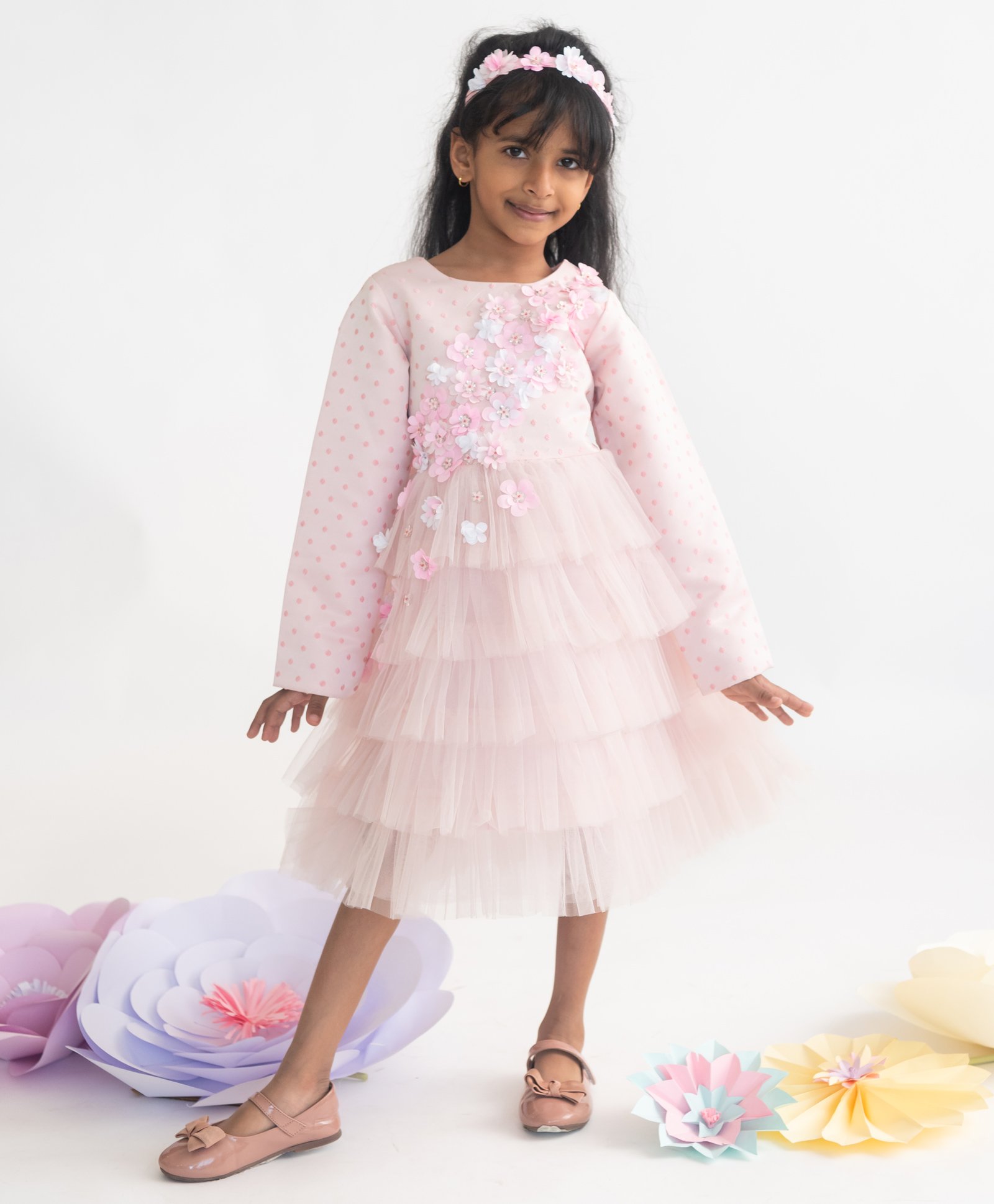 A Little Fable Full Sleeves Floral Applique Detailed & Swiss Dot Embroidered Layered Dress - Pink-picture-19