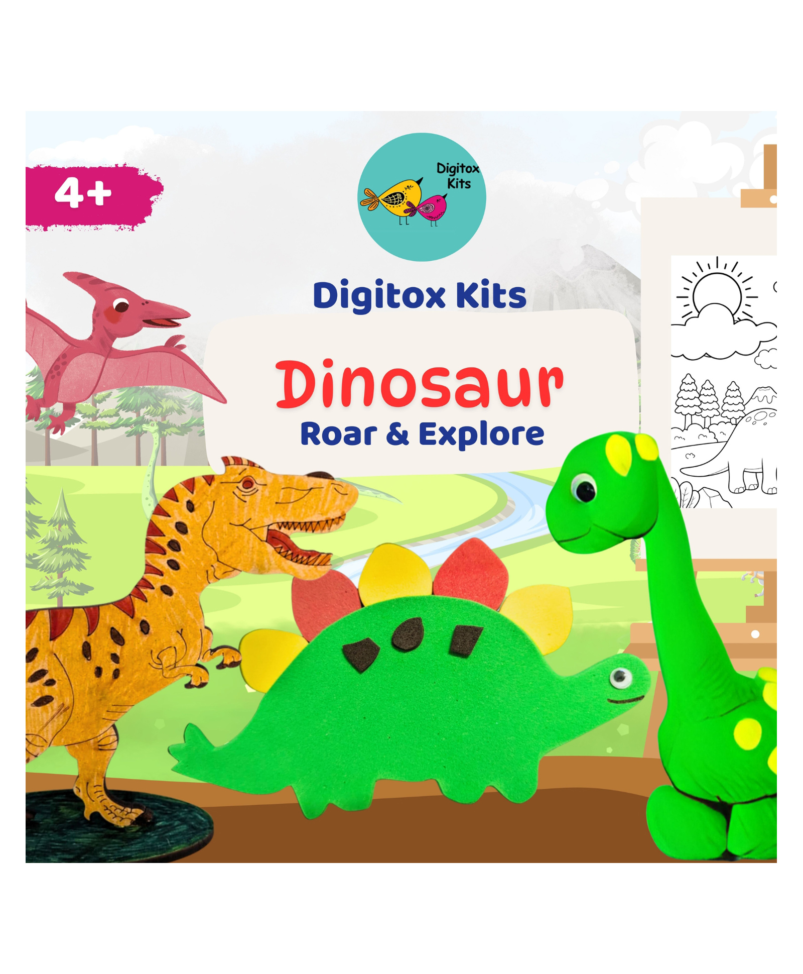 Digitox DIY Dinosaur Craft Kit for Kids | DIY Fridge Magnets, Painting Canvas , Masks, Bookmarks, Flash Cards | Painiting Kit| Kids Birthday Gift Ideas - Light Green-picture-26