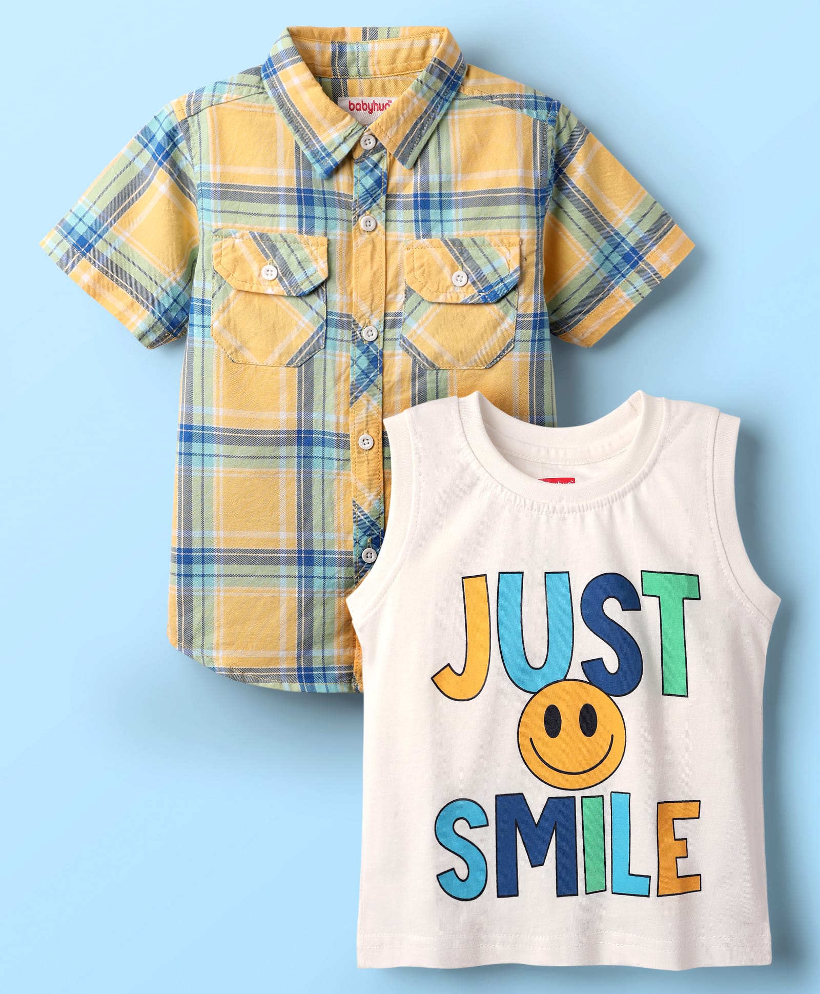 Babyhug 100% Cotton Half Sleeves Checks Shirt With Sleeveless Text Printed T-Shirt - Yellow & White-image-10