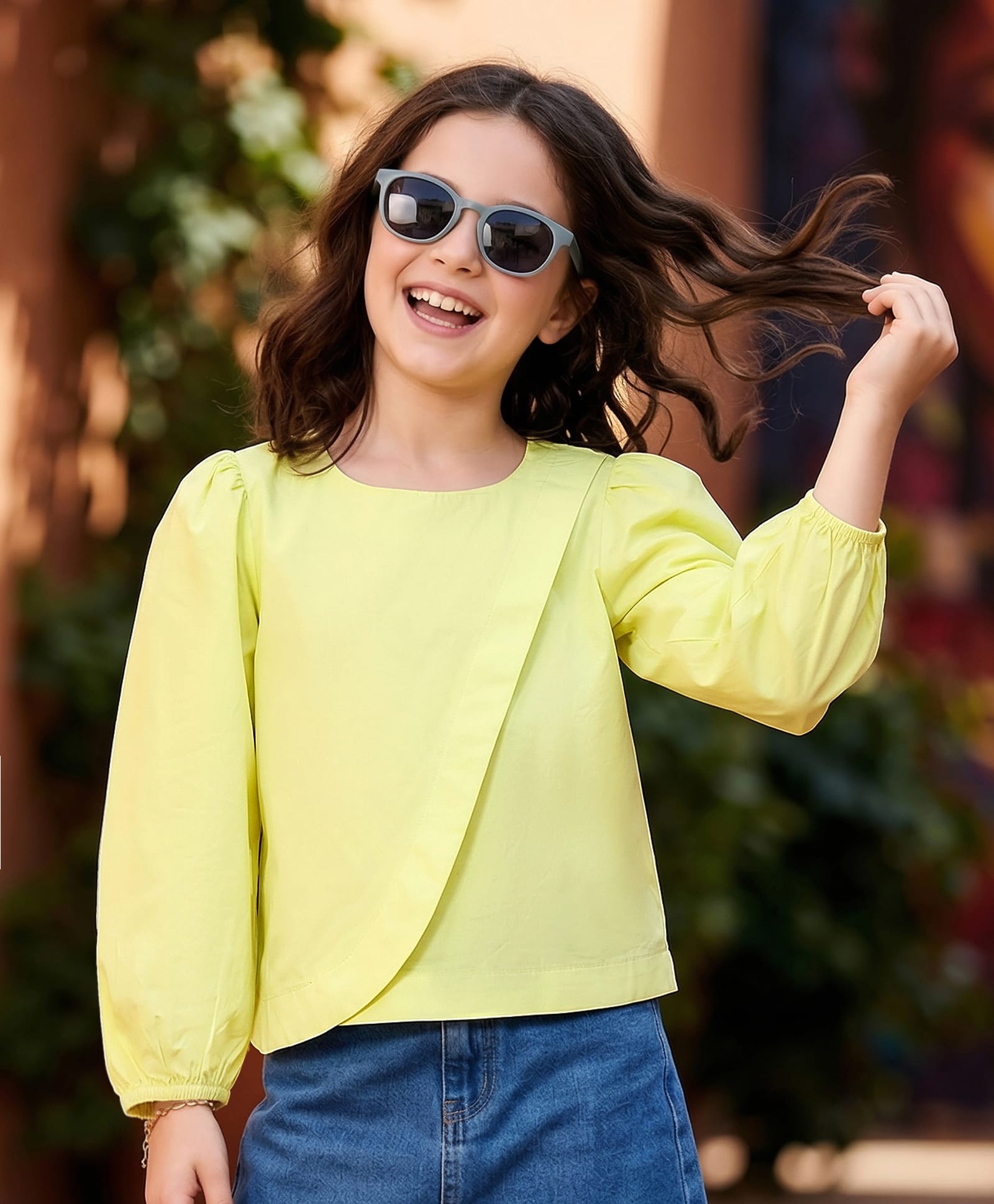 kookie kids india Kookie Kids Woven Full Sleeves Solid Color Overlap Style Top with Puff On Sleeves - Light Green-picture-23