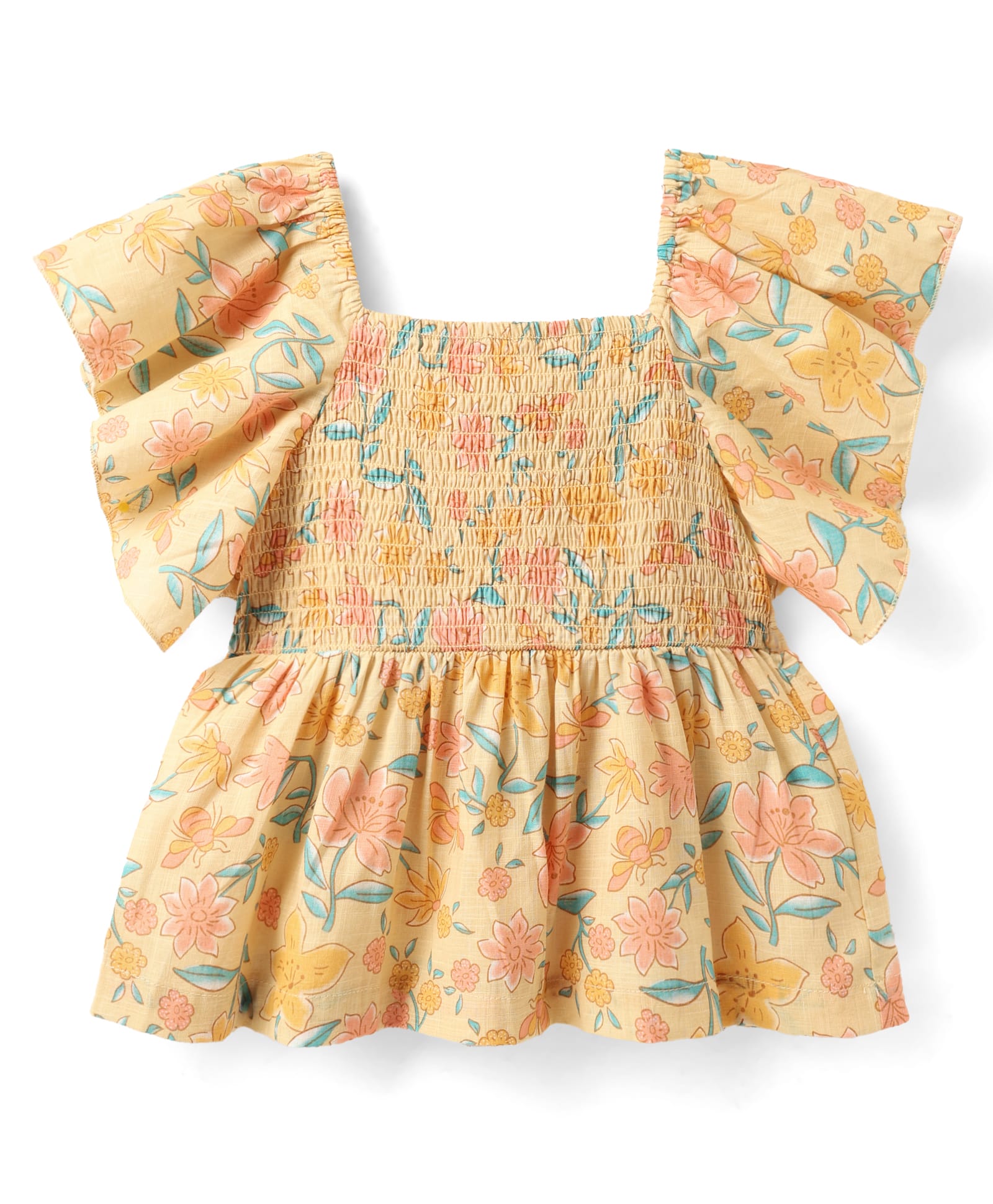 kookie kids india Kookie Kids Woven Frill Sleeves Smocked Frock Style Top with Floral Print - Yellow-picture-21