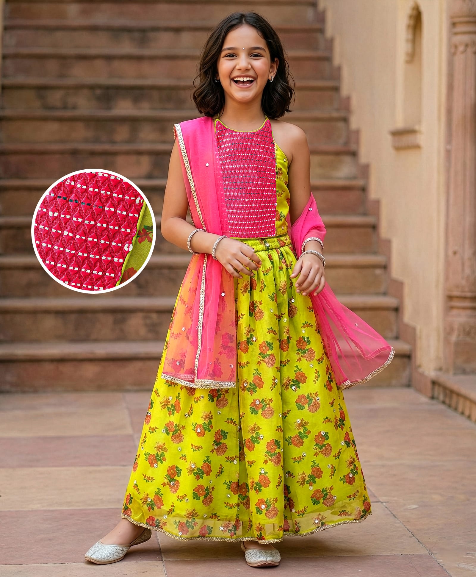 Pine Kids Woven Sleeveless CholiLehenga Set & Dupatta with Sequin Design & Floral Print -Limegreen-image-42