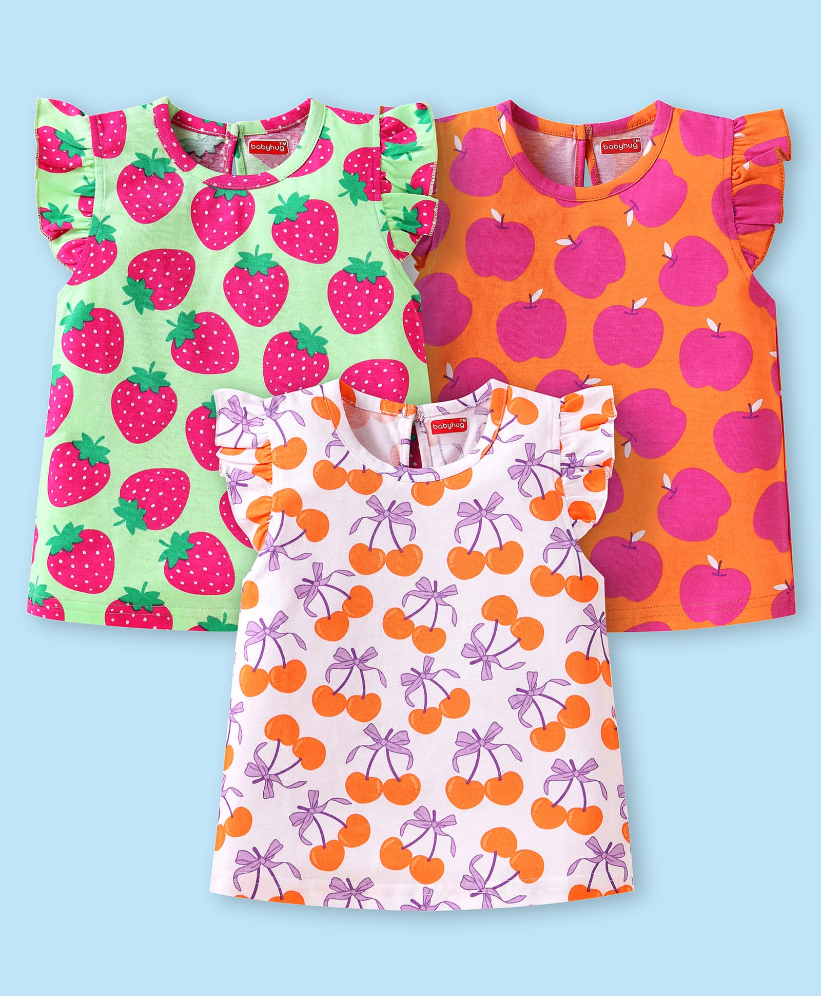 Babyhug Cotton Knit Frill Sleeves Fruits Printed Tops Pack of 3 - Orange Light Green & White-image-4