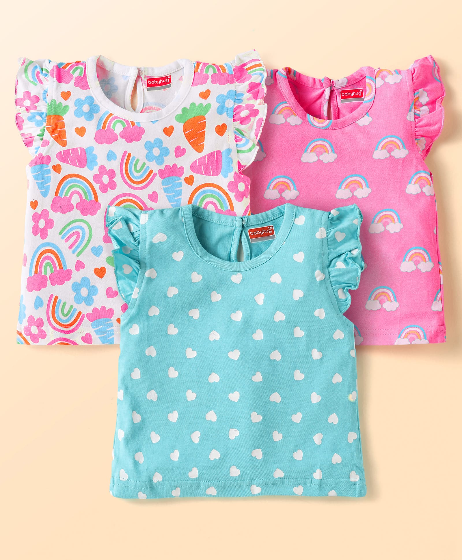 Babyhug Cotton Knit Frill Sleeves T-Shirts With Polka Dot & Tropical Print Pack 3 - Pink & Light Blue-picture-34