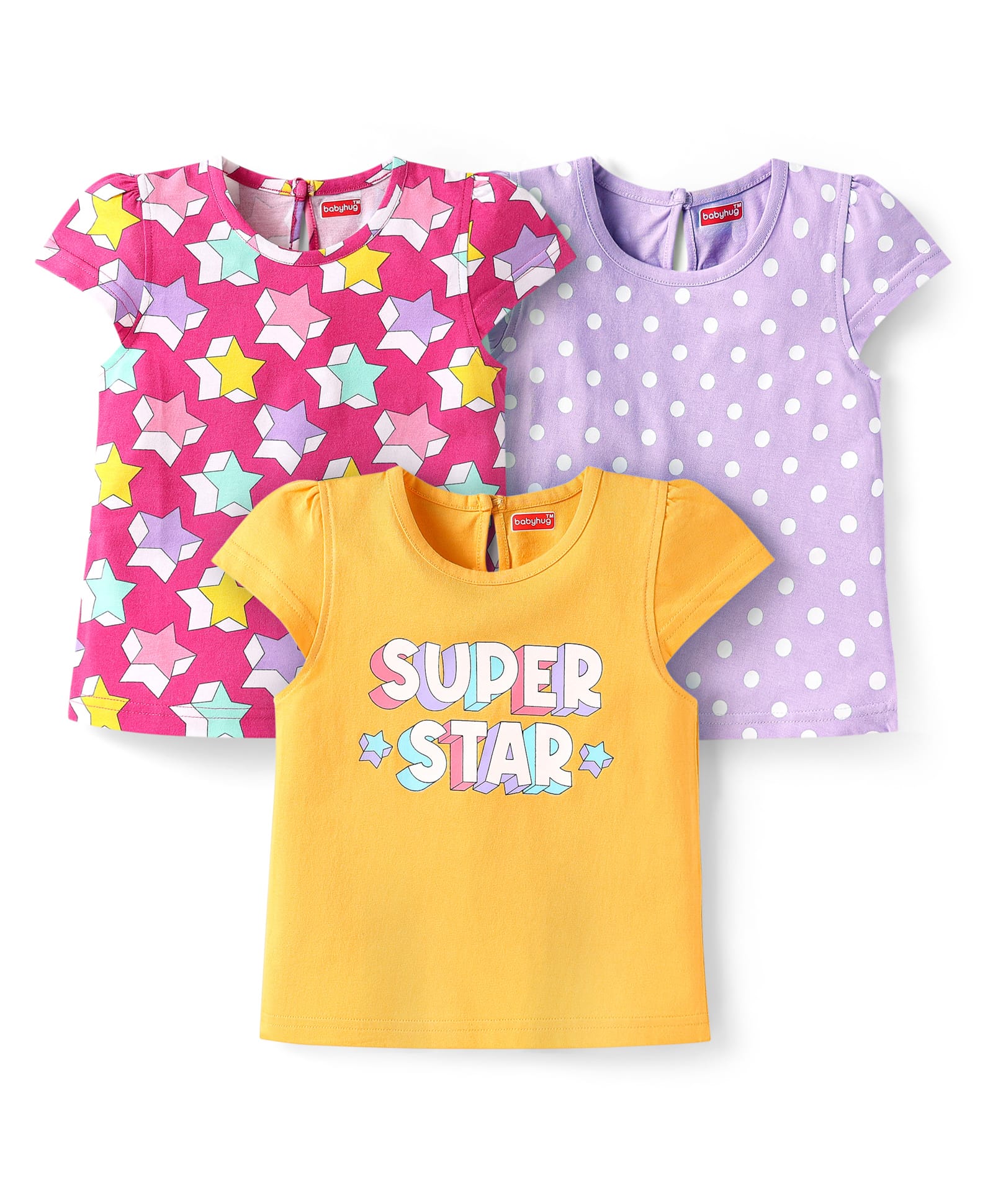 Babyhug Cotton Knit Half Sleeves T-Shirts with Polka Dots & Floral Print Pack of 3 - Lilac & Pink-picture-18